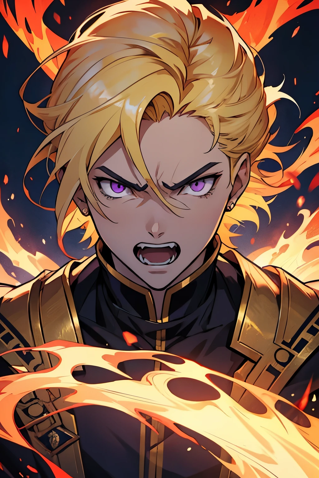 anime style- angry, extremely angry, medieval palace background, angry, shouting, screaming, open mouth, fire in the background, extremely angry, anger, scream, shouting, image of a young prince with purple eyes and blonde hair, blonde hair, blonde hair, a portrait of a male prince, beautiful male prince, a male prince, a young prince, handsome guy in demon slayer art, male, young, beautiful androgynous prince, smirk, artwork in the style of guweiz.