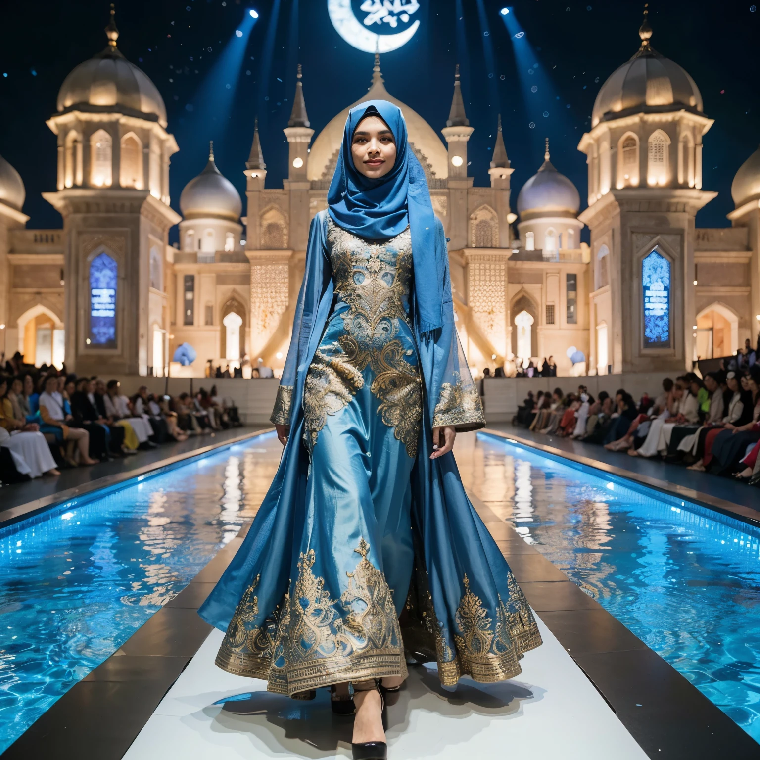 a beautiful Indonesian Islamic female model, tall, with a blue hijab and a blue Islamic dress embroidered with gold with a beautiful design, black high heels, walking on the catwalk with a magnificent Islamic nuanced stage background that says "RAMADHAN FAIR 2024", the stage is surrounded by a pond clear, catwalk stretches across the pool, woman's face is clearly visible with an attractive smile, portrait photography, night, realistic, FHD