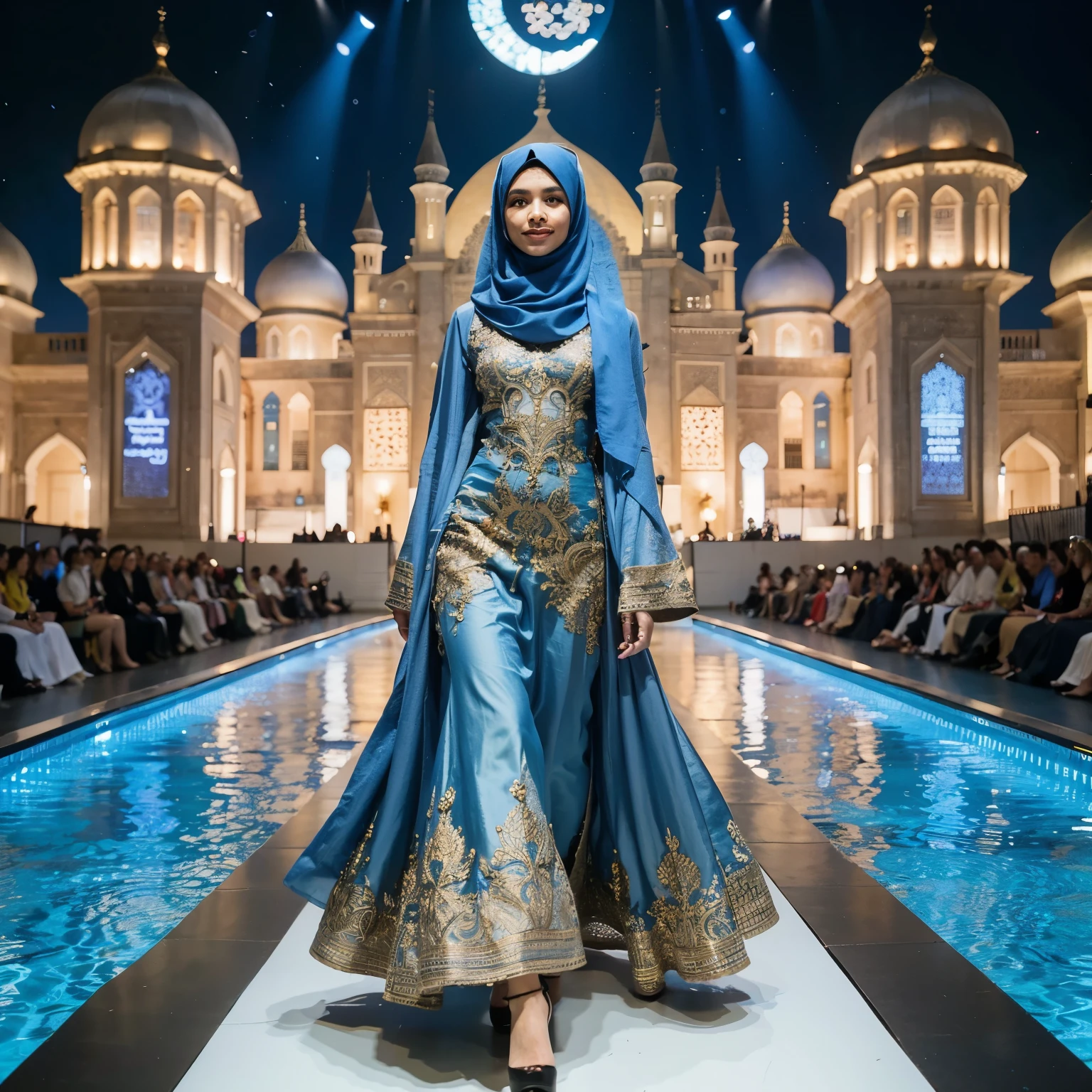 a beautiful Indonesian Islamic female model, tall, with a blue hijab and a blue Islamic dress embroidered with gold with a beautiful design, black high heels, walking on the catwalk with a magnificent Islamic nuanced stage background that says "RAMADHAN FAIR 2024", the stage is surrounded by a pond clear, catwalk stretches across the pool, woman's face is clearly visible with an attractive smile, portrait photography, night, realistic, FHD