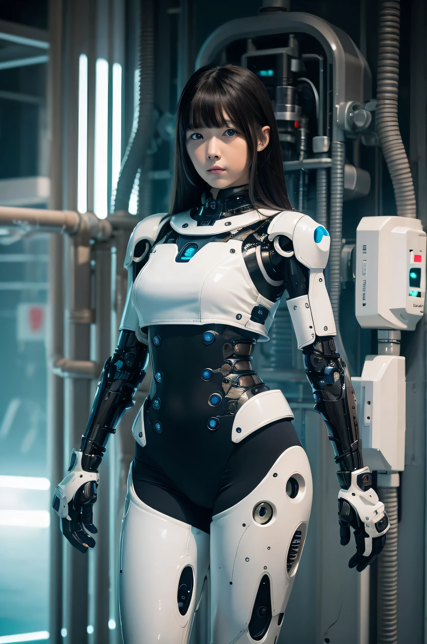 masterpiece, Best Quality, Extremely detailed, 8K Portrait,Japanese android girl,Plump,control panels,android,Droid,Mechanical Hand, ,Robot arms and legs, Black hair,Mechanical body,Blunt bangs,Charging spot,mechanical ear covers,android,robot humanoid,White robot body,mechanical ear covers,White and aqua uniform,aqua accent costume,mittens,blue eyes