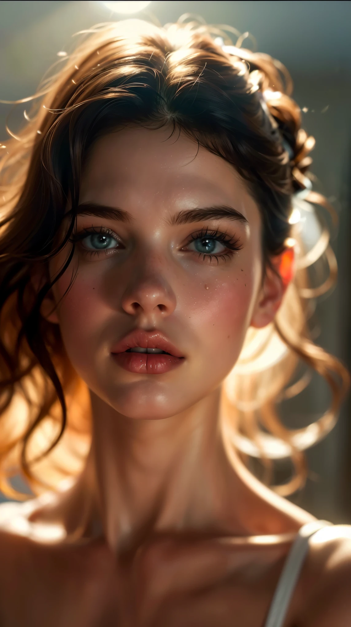 (((ultra realistic))) Photo, masterpiece, top quality, (pale skin), (Ultra detailed face and eyes:1.3), 1 girl, Adult, in a T-shirt, (Eye makeup, mascara) , ((large detailed lips)), ((ash wavy hair)), ((Chyolka)) , (Natural breasts), Slim waist. ((Posing)), photoshoot, studio (soft lighting), (The play of light and shadows), depth of field, bokeh, (special attention to skin detail: 1.2), Detailed leather texture, skin pores. (Airy atmosphere of the frame. Color range - delicate, Bright, white, Pink tones), UDR, ((Film grain)), ((rays)), ((glare of the sun)), ((waist up portrait, close to the camera)) , ultra detialed,