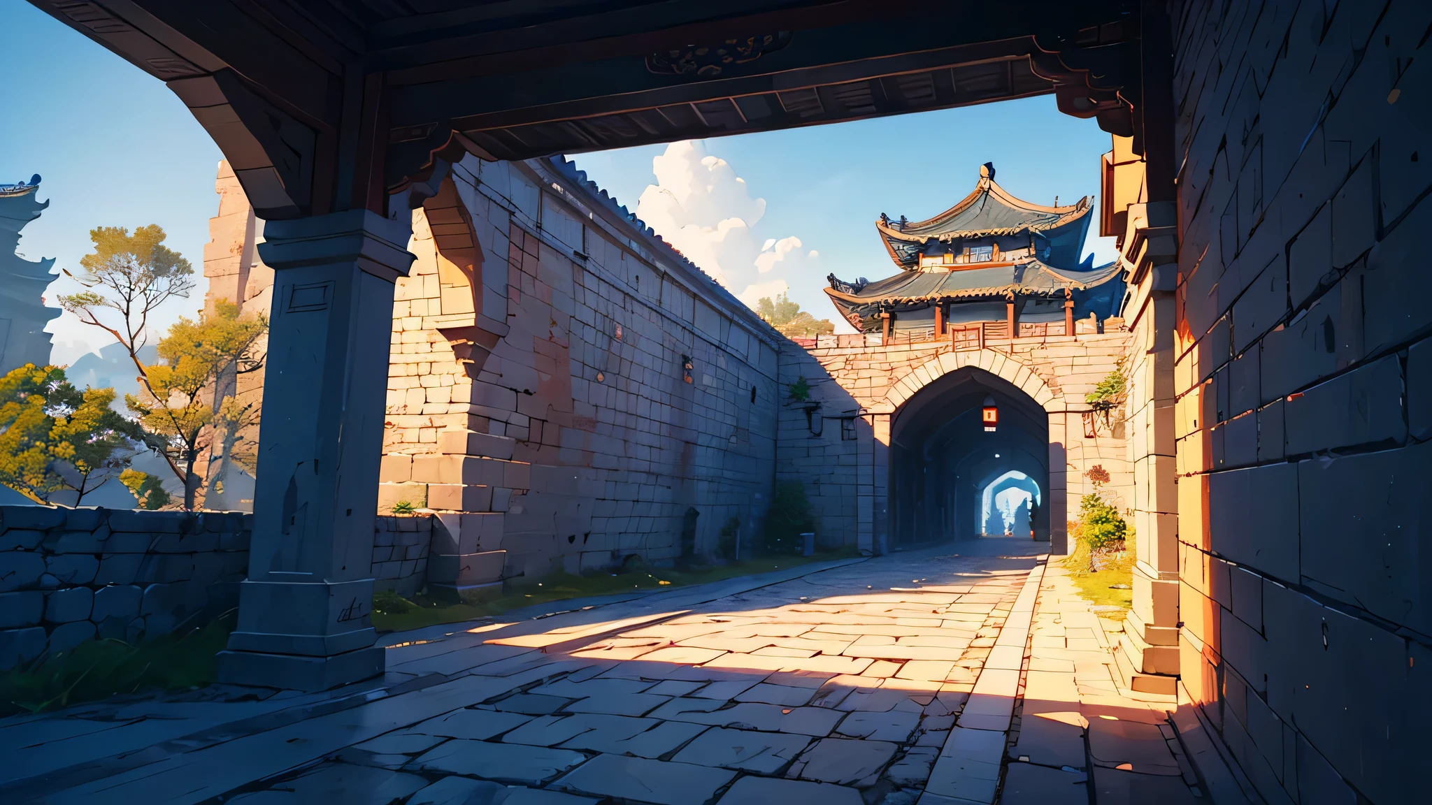 Chinese architecture，Outside the city walls，The main entrance of the city wall，Wide field of view，antiquity，blue sky background，Beautiful CG quality，Clear and detailed description，Rich shots，Rich and superb local details，Intoxicating light and shadow effects，The overall atmosphere is beautiful and generous