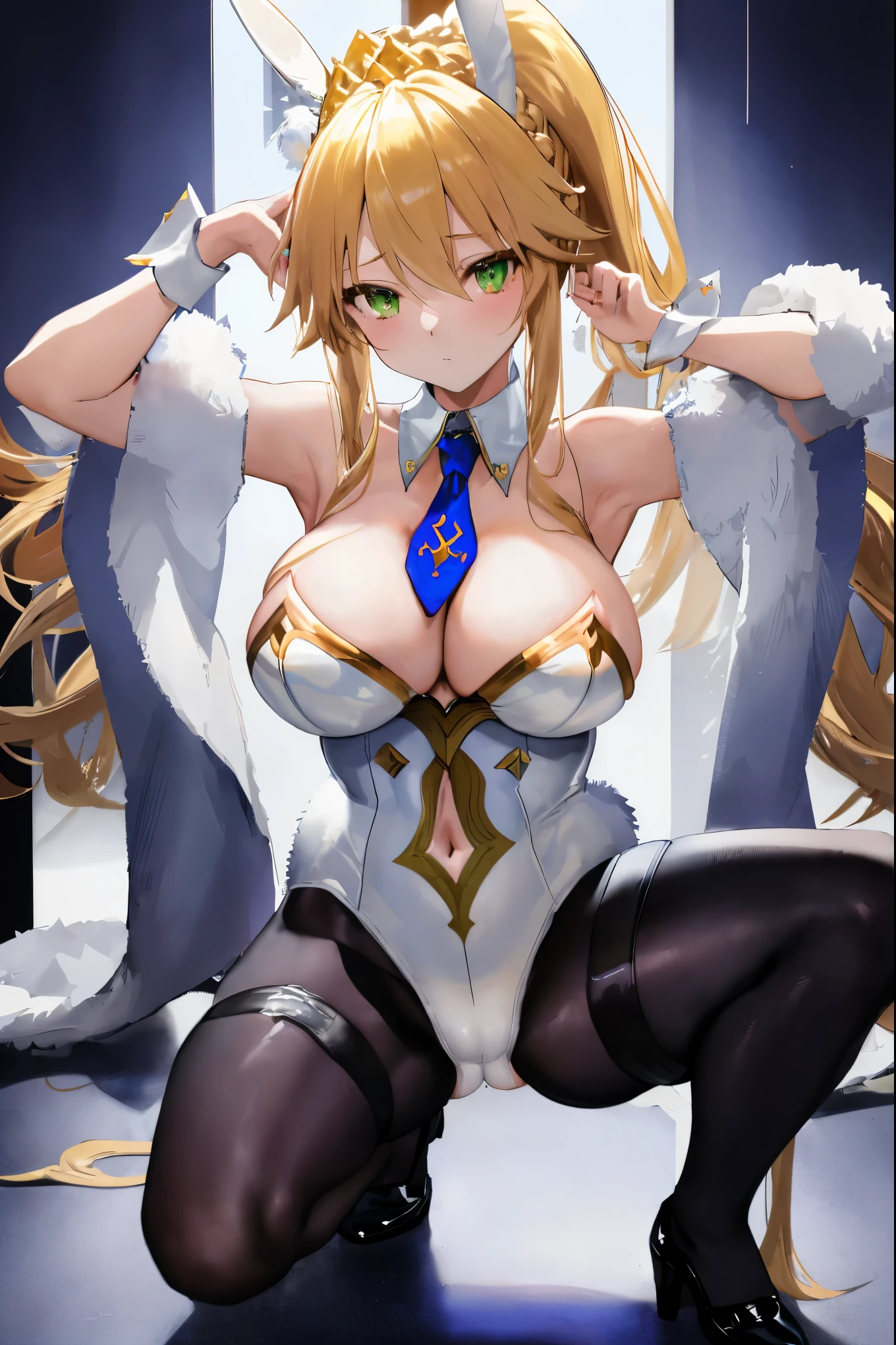masterpiece, best quality, absurdres, looking at viewer, (light_smile:0.6),
1girl, ahoge, rabbit ears, playboy bunny, artoria pendragon \(swimsuit ruler\) \(fate\), large breasts , blonde hair, green eyes, french braid,  pony tail
bare shoulders, large breasts , cleavage,
clothing cut out, wrist cuffs, detached collar, cutout, feather boa,
white leotard, blue necktie, blue pantyhose, single thigh strap, hands_above_head,(squat:1.3),(spread_legs:1.3),rabbit_pose,solo,stretch_fingertips