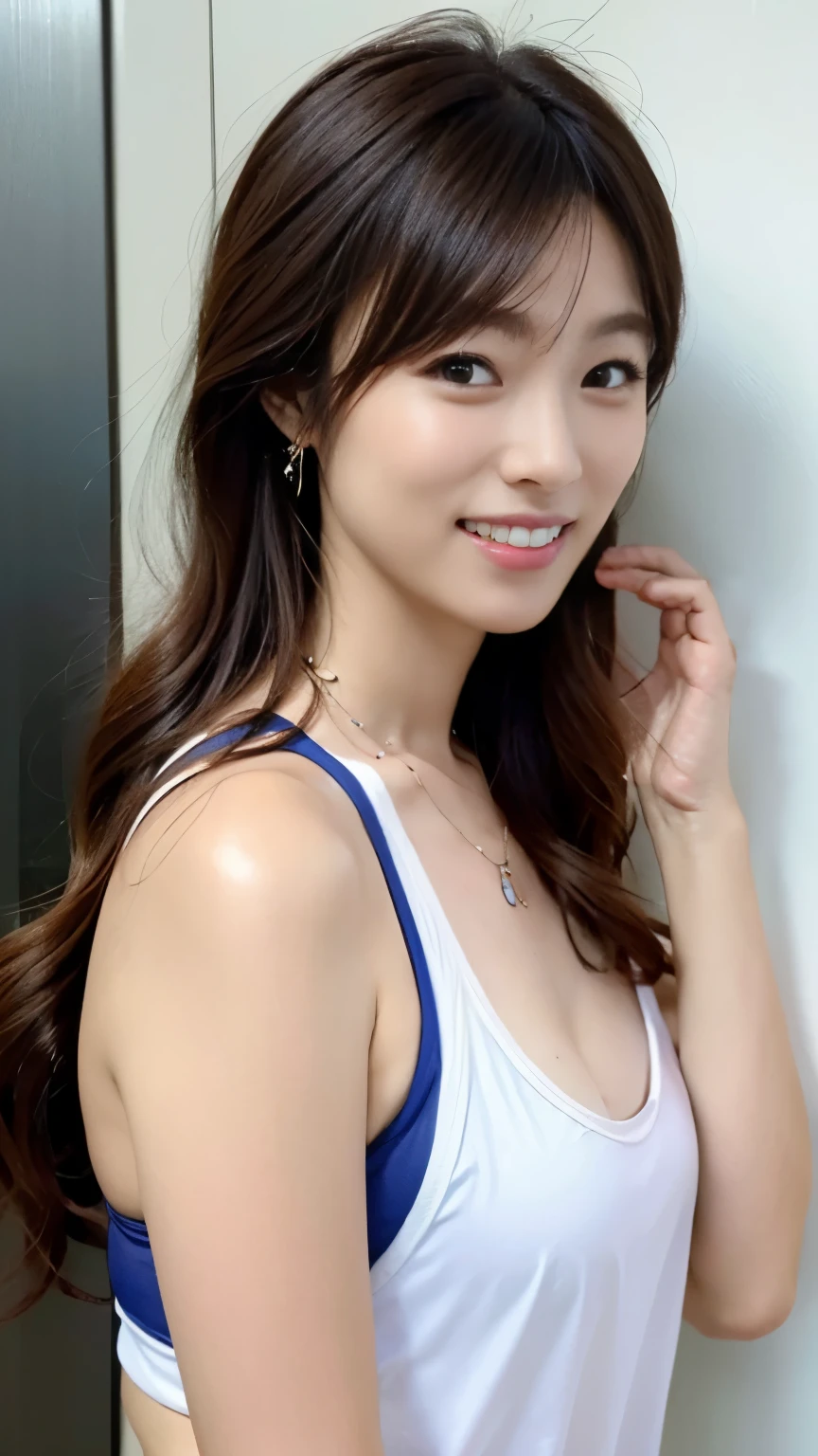 (((perfect anatomy))),first person,Ulzan 6500,(((I was alone in the elevator with Chinashiho, whose smile had disappeared and her eyes were downcast.))),(((A beautiful woman standing facing the wall wearing a running cap, tankini, spats, and athletic shoes))),medium full breasted,I pull my chin and press the elevator button.,Beautiful long chestnut hair braided together,Sexy nape,Full body shot from rear view with straight face,Delicate high nose and glossy lips,beautiful face,Coke bottle body with long limbs and waist like a model,necklace and earrings,Shiny skin is dazzling:1.05,blush:0.9,realistic,table top,highest quality,High resolution,perfect face:1.1,highest quality,8K,masterpiece,nffsw:1.3,超A high resolution,(Photoreal:1.4),Raw photo,beautiful hair,detailed background,perfect lighting,Deep depth of field,beautiful shadow gradation,High concentration of 1girls,