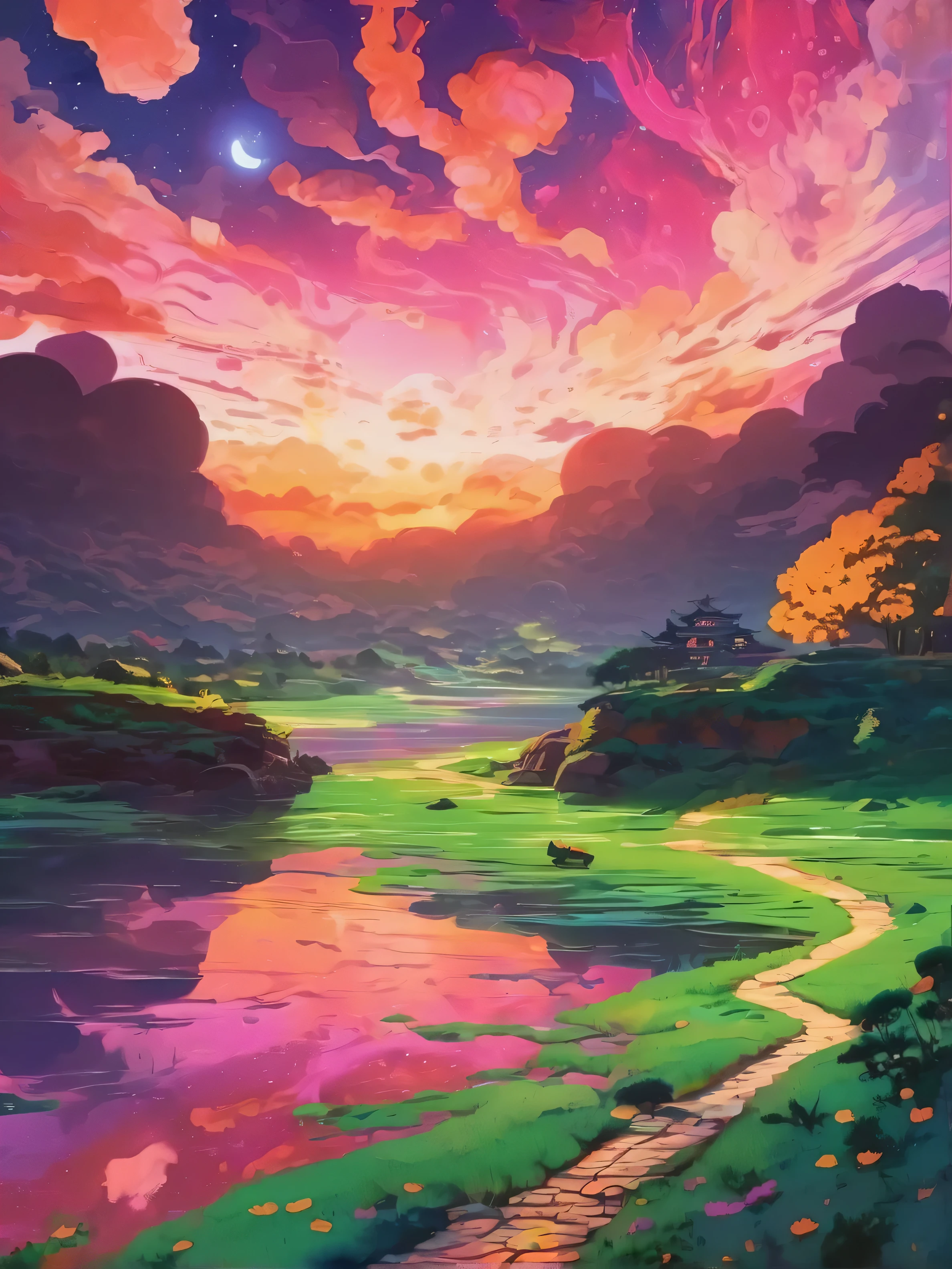 halloween theme, Beautiful majestic river landscape, nebula and starlit sky, Mind expanding, Optical art, Art nouveau, Psychedelic art, kaleidoscopic, Bright, Green, Pink, Purple, orange and Yellow, golden ratio, fake detail, trending pixiv fanbox, acrylic palette knife, style of makoto shinkai studio ghibli genshin impact james gilleard greg rutkowski chiho aoshima