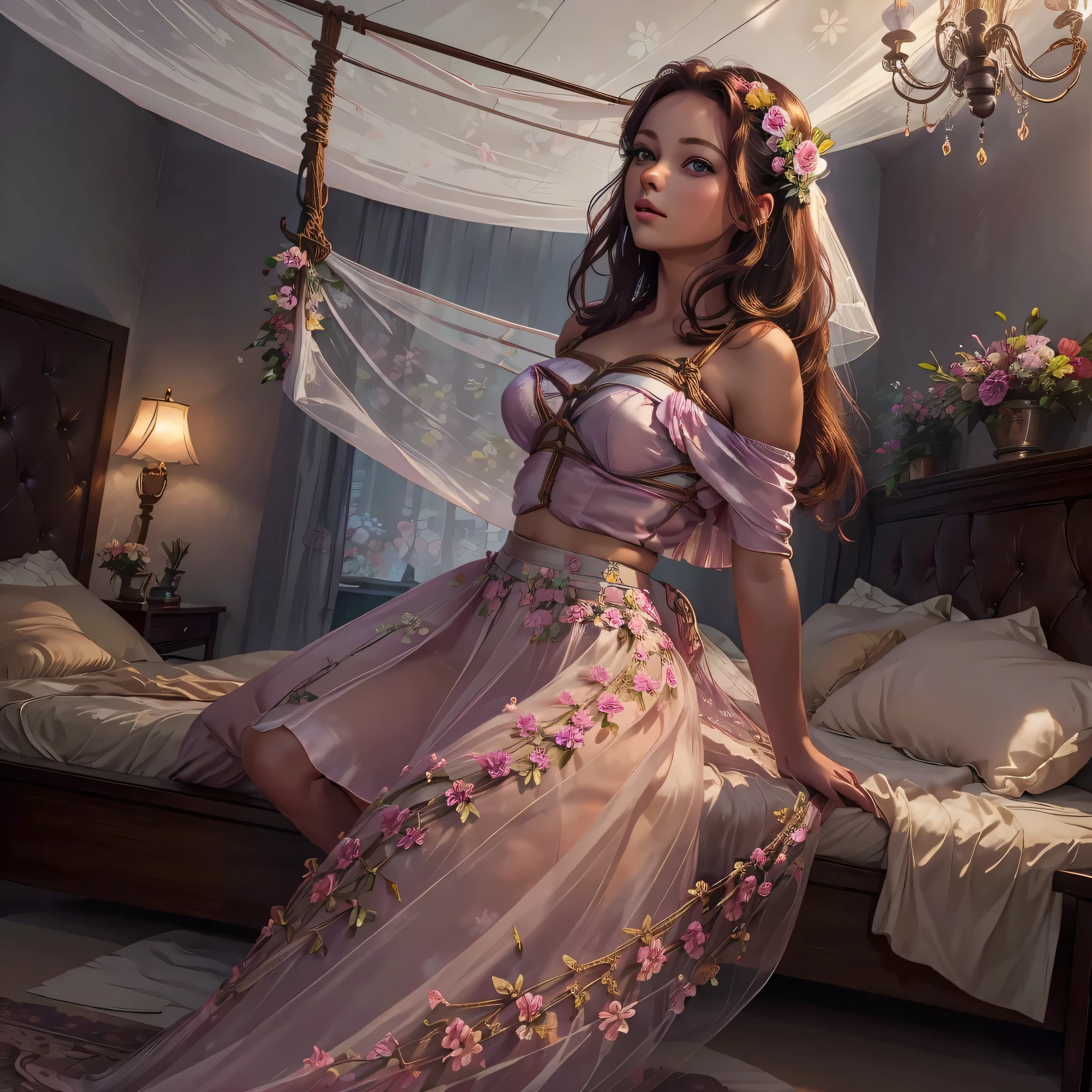 1girl,(bright lighting,romantic setting),dreamy background,,dark hair, mesmerizing gaze, , soft skin, alluring beauty, artistic portrait, high-quality image, vibrant colors,long floral satin skirt, mosquito net, romantic bedroom, sidesuspension,solobound,veil,barefoot