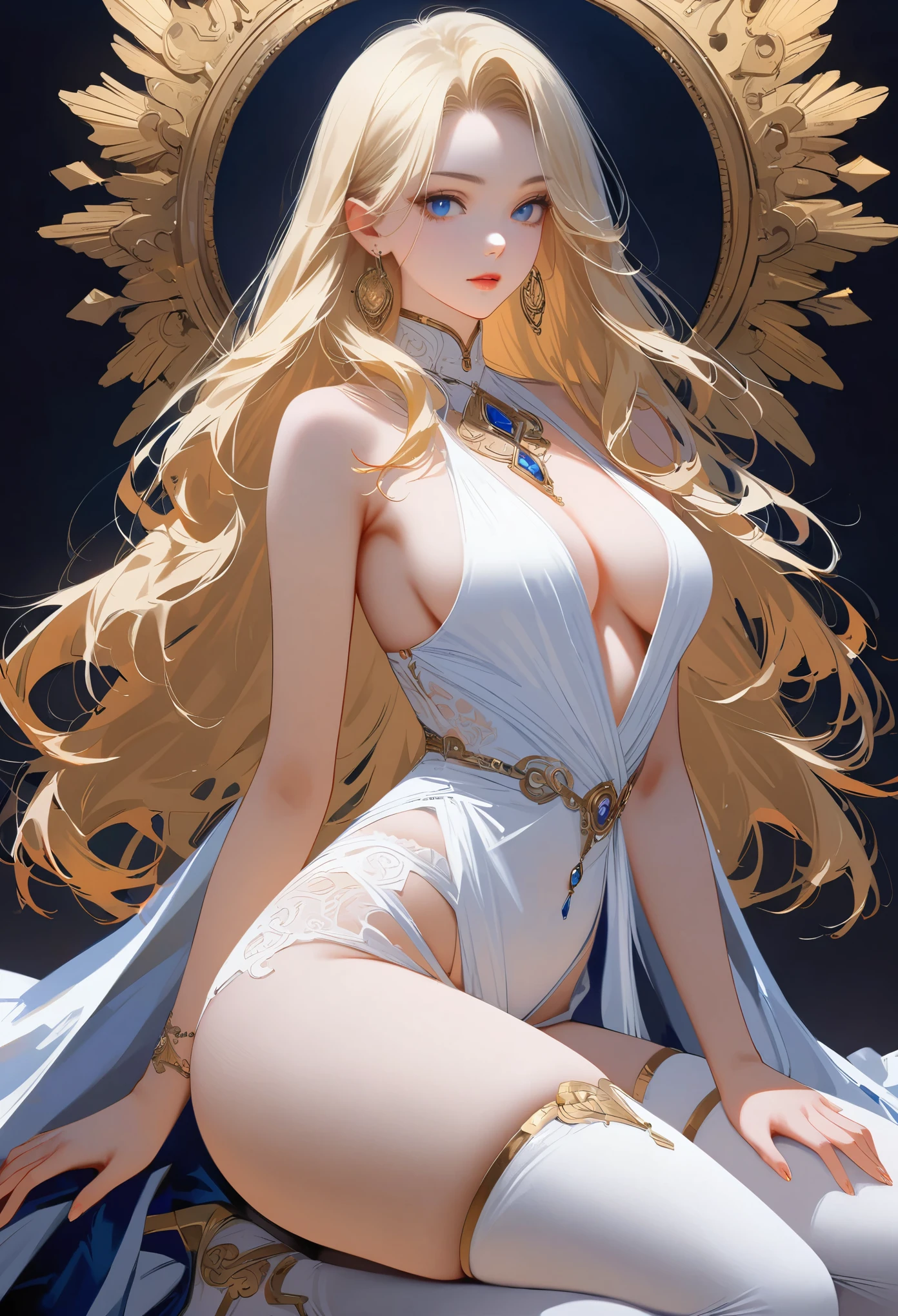 ((masterpiece,best quality,8K,high resolution)),((character concept art)), 1 female, noble, Old money atmosphere, supermodel, fashion model, 35 years old, (long blonde hair), blonde hair, (fair complexion), Ultra-fine eyes (blue eye color), extraordinary gorgeous, grace, charming, clever, calm, Perfect body ((Slim and curvaceous)), ((intricate details)), Super delicate hand details, super fine fingers(((Ten fingers))), Wearing a white blazer、White shirt and white pants  (stand still), (full body display), ((Show the whole body)), (No logos on background), (No logo), ((solid color background)), ((solid color background)), (((empty background)))