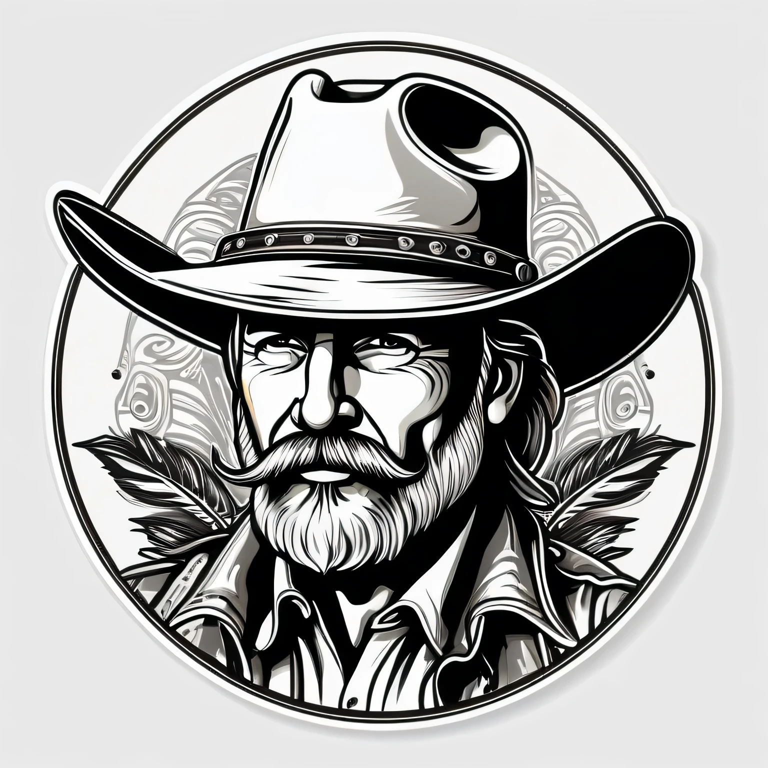(Meisterwerk, Best quality, Ultradetailliert) a vector illustration for a t-shirt design, background white. 2D im Sticker-Stil, Cowboyhut im Country-style 