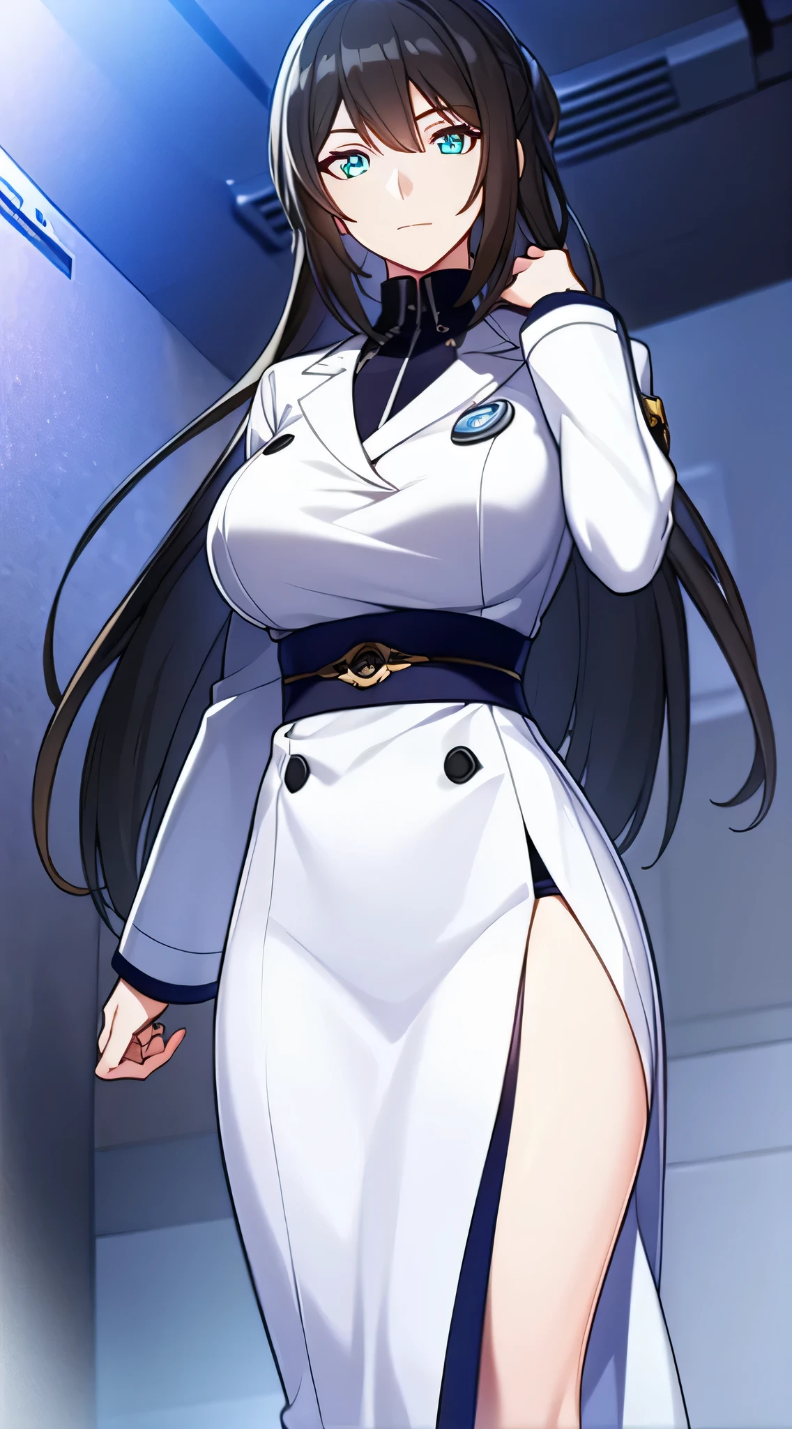 chabashira_sae, black hair, long hair, cyan eyes, medium breast, white pharmacist coat, standing, visual novel cg style, smiling, BREAK looking at viewer, BREAK (masterpiece:1.2), best quality, high resolution, unity' 8k wallpaper, (illustration:0.8), (beautiful detailed eyes:1.6), extremely detailed face, perfect lighting, extremely detailed CG, (perfect hands, perfect anatomy)