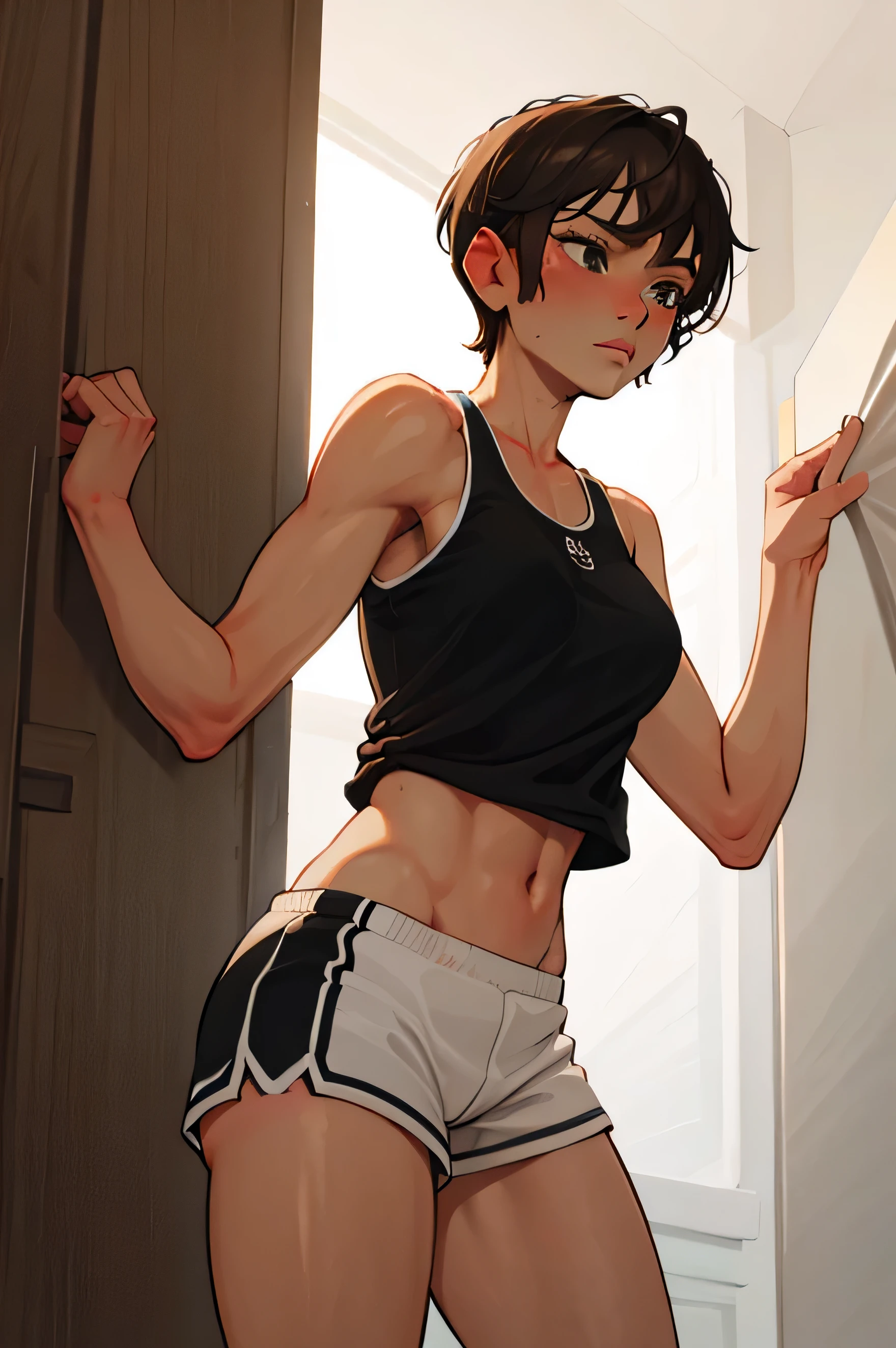 Gym teacher, short hair, tanned, pixie cut, tank top, gym shorts, butch, lesbian