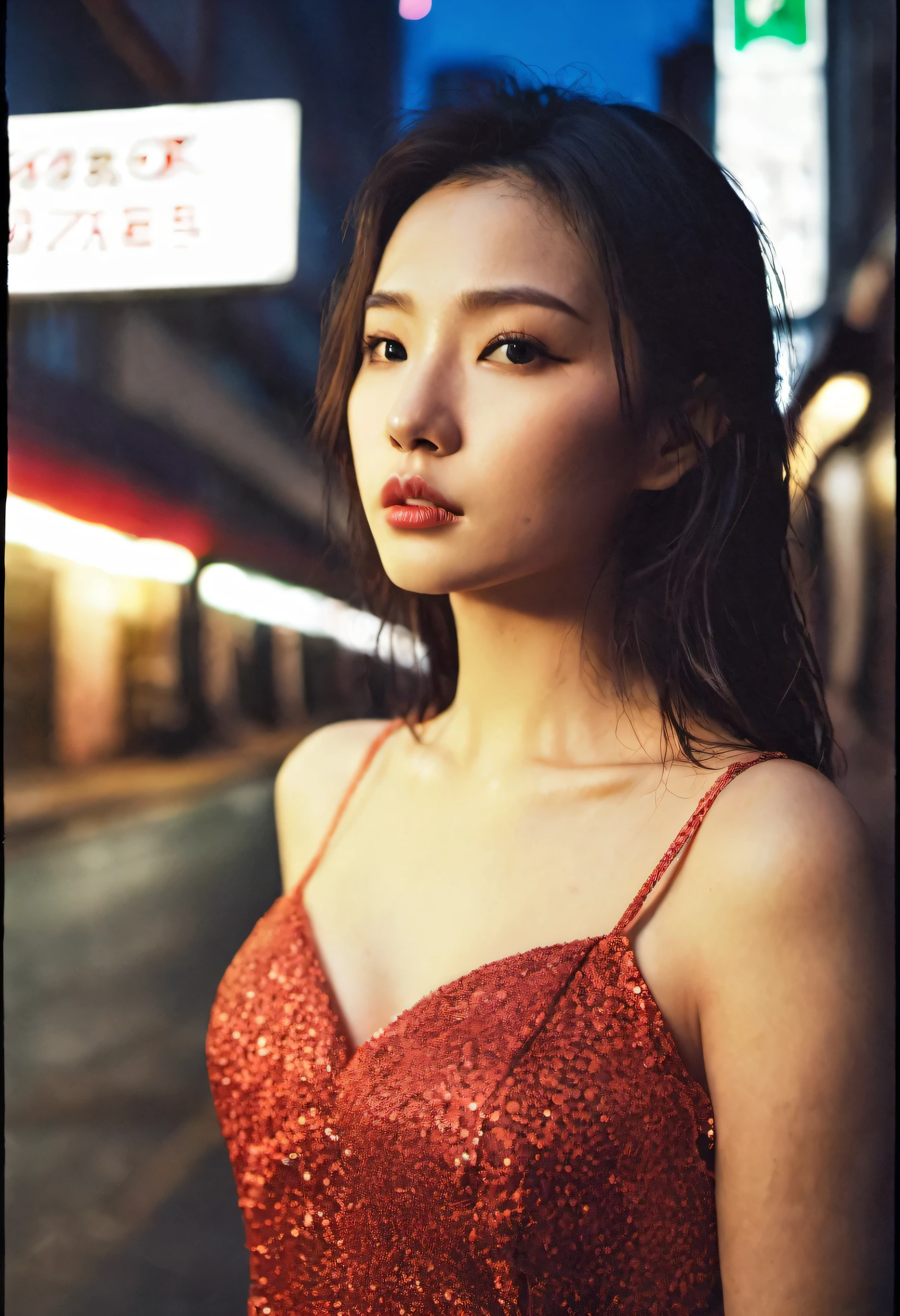 1girl,solo,long hair,Rough skin,from back,face focus,(looking at viewer:1.2),wet hair,dark,polaroid,(depth_of_field:1.5),rainy days,outdoors,street,hair between eyes,moody lighting,Tyndall effect,Cinematic Lighting,night,lamppost,lens flare,available light,rim light,glowing neon lights,curvy,Red silk dress,korea girl,