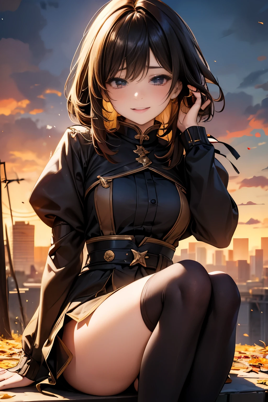On fallen leaves, Girl sitting on the throne, wearing knee socks、bob hair. She spreads her right hand forward. On fallen leavesに座る少女, In the pose of Wali. The background is vast, Admire breathtaking foliage views. she is a ager, very cute, Please close one eye and smile. She has golden hair, cheeks turn red, And forward bending posture. The ground is covered with fallen leaves. She winks with a twinkle in her eye, There is a flashing effect. She looks up with her gaze.
About image quality, It must have the best quality, Requires 4K or 8K resolution, And become a masterpiece. Images need ultra-detailed elements, Be realistic or photorealistic, Has HDR, UHD, studio lighting. Images must be ultra-fine, Sharp focus and physically based rendering. The colors are vivid、The overall tone should be based on the autumn season. Lighting should create a warm and cozy atmosphere.