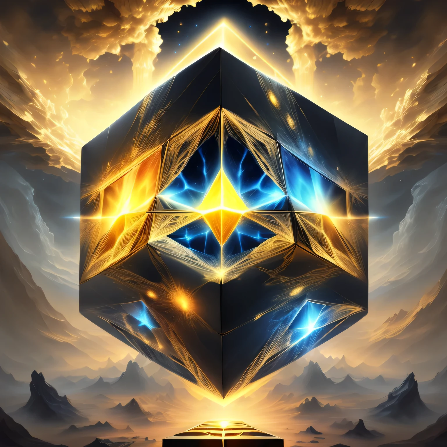 masterpiece, giant (golden cube) World, mysterious artifact, Glows , Lafkraft，mysterious atmosphere, in black space, 