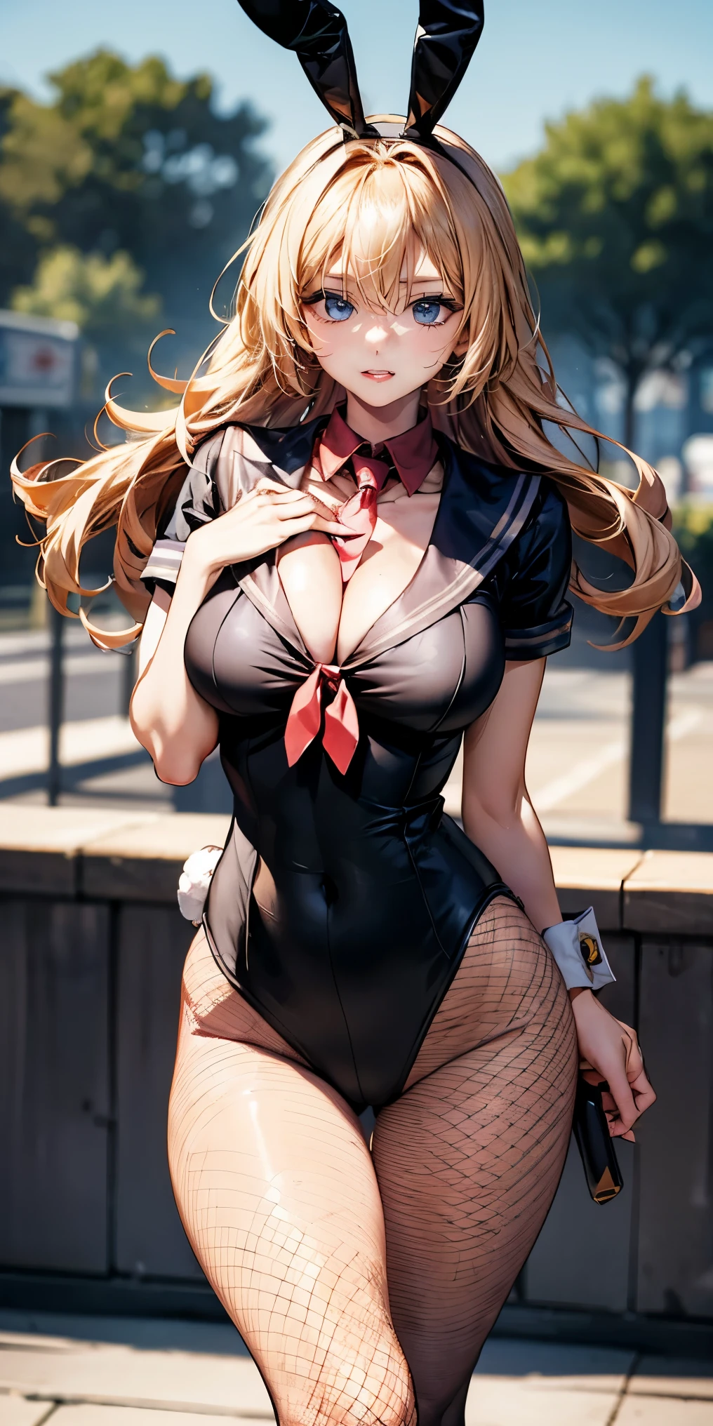 （（highest quality，8K，T Masterpiece：1.3））， sharp focus：1.2，cute woman with perfect figure：1.4，（（（（（huge cleavage））），（ridiculously big breasts：1.5），straight hair、hair blowing in the wind（huge hips），smile，thin abs：1.2，（（beautiful golden hair，：1.4）），Highly detailed face and skin texture，detailed eyes，double eyelid、/ (Wear a white top over a black playboy_bunny leotard:1.3), (sailor collar:1.2), (red tie:1.3), (fake animal ears), (Clothes divided into upper and lower parts:1.2), (short sleeve:1.1), (black bunny girl costume:0.8), (Fishnet tights:1.2), high heels, (Rabbit_tail:1.2),
