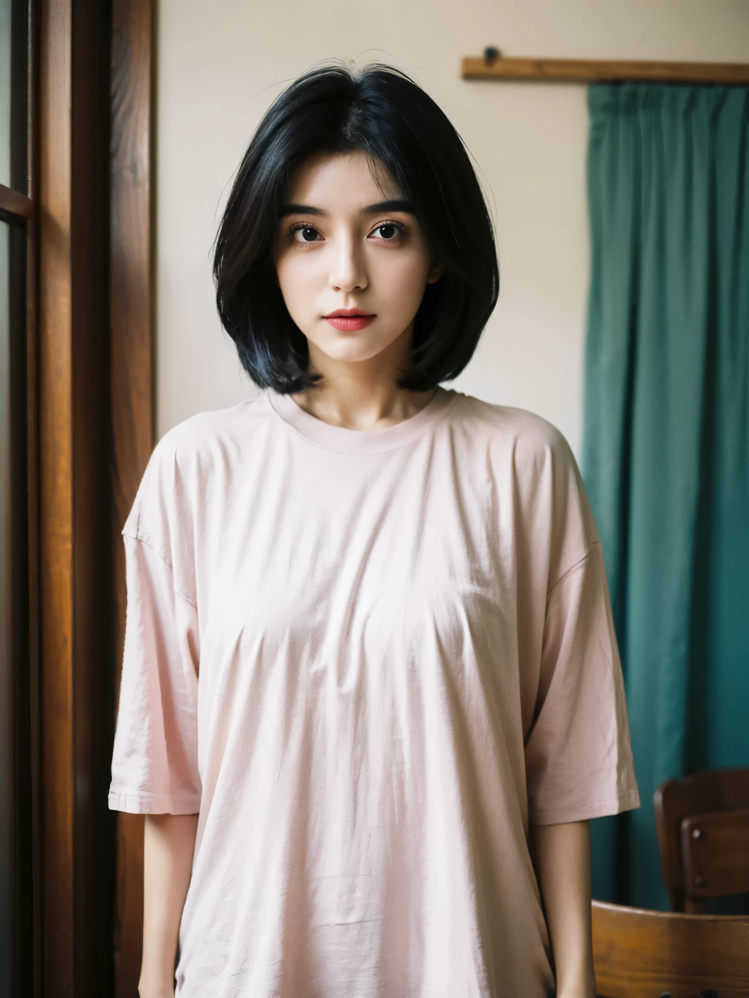 Ultra-HD-details, detailed eyes, black bob hair, three-quarter body, studio, cinematic, loose fit, comfy t-shirt, (casual, modest), Golsifteh Farahani, Iranian girl, perfect body shape, perfect anatomy