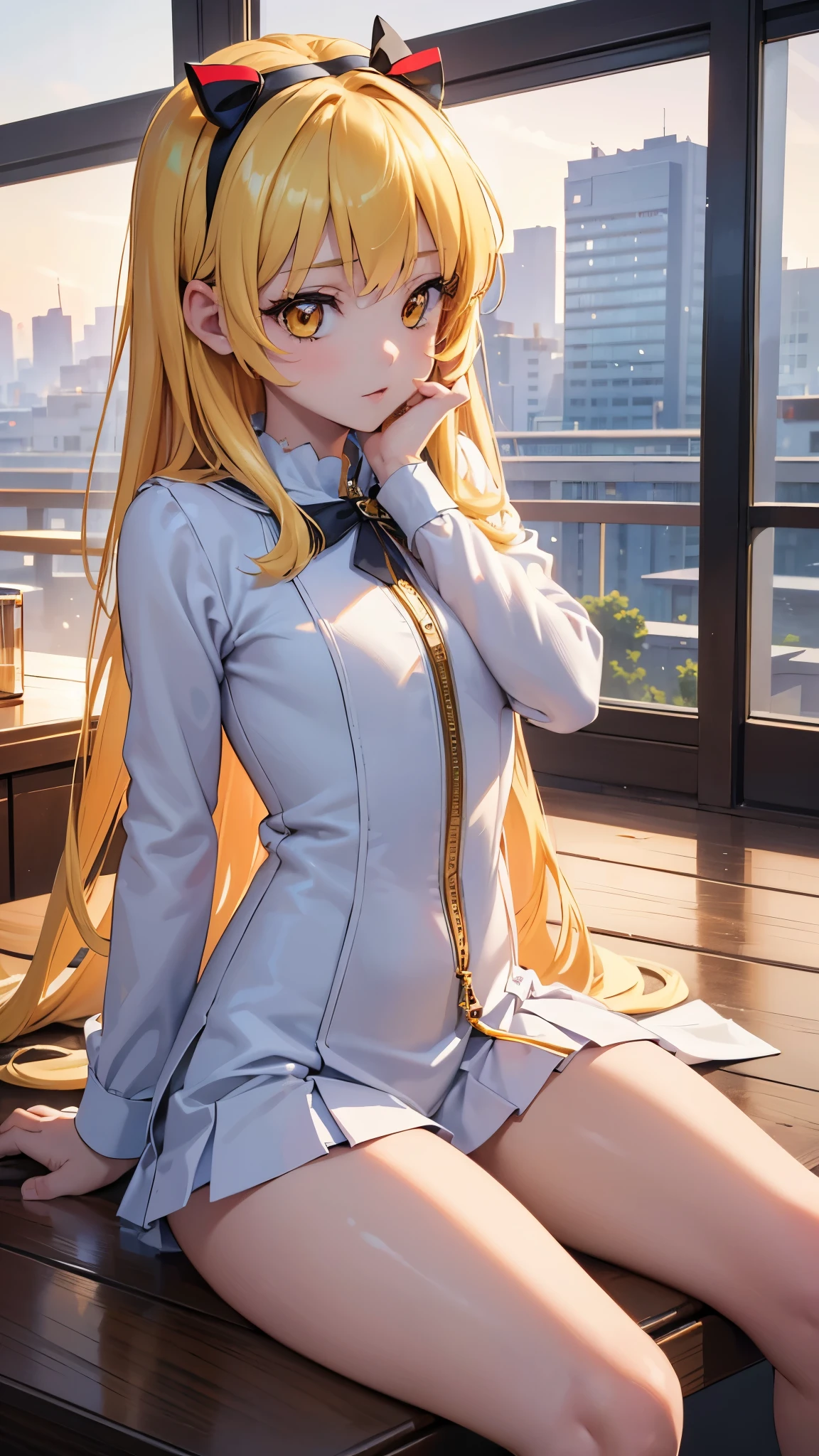 (masterpiece, best quality, highly detailed, ultra detailed, high resolution, absurdres, 4K, 8K:1.2), (official art, incredibly fine illustration, extremely detailed CG, detailed background, cinematic lighting, dynamic angle, perfect hands, detailed shiny skin, detailed hair, detailed eyes)(extremely awesome detailed pretty face,beauty face)(extremely detailed)(Three-dimensional depiction)BREAK,anime,bad girl,celebration,naked,eyes on me,future city,girl friend, highlights,impact,jewel,kids,(open the legs),model,sitting,oasis,popteen,queen26,real thing,sunrise,trick,ultimate,vanilla,wonderland,xenon, yellow eyes, zero,