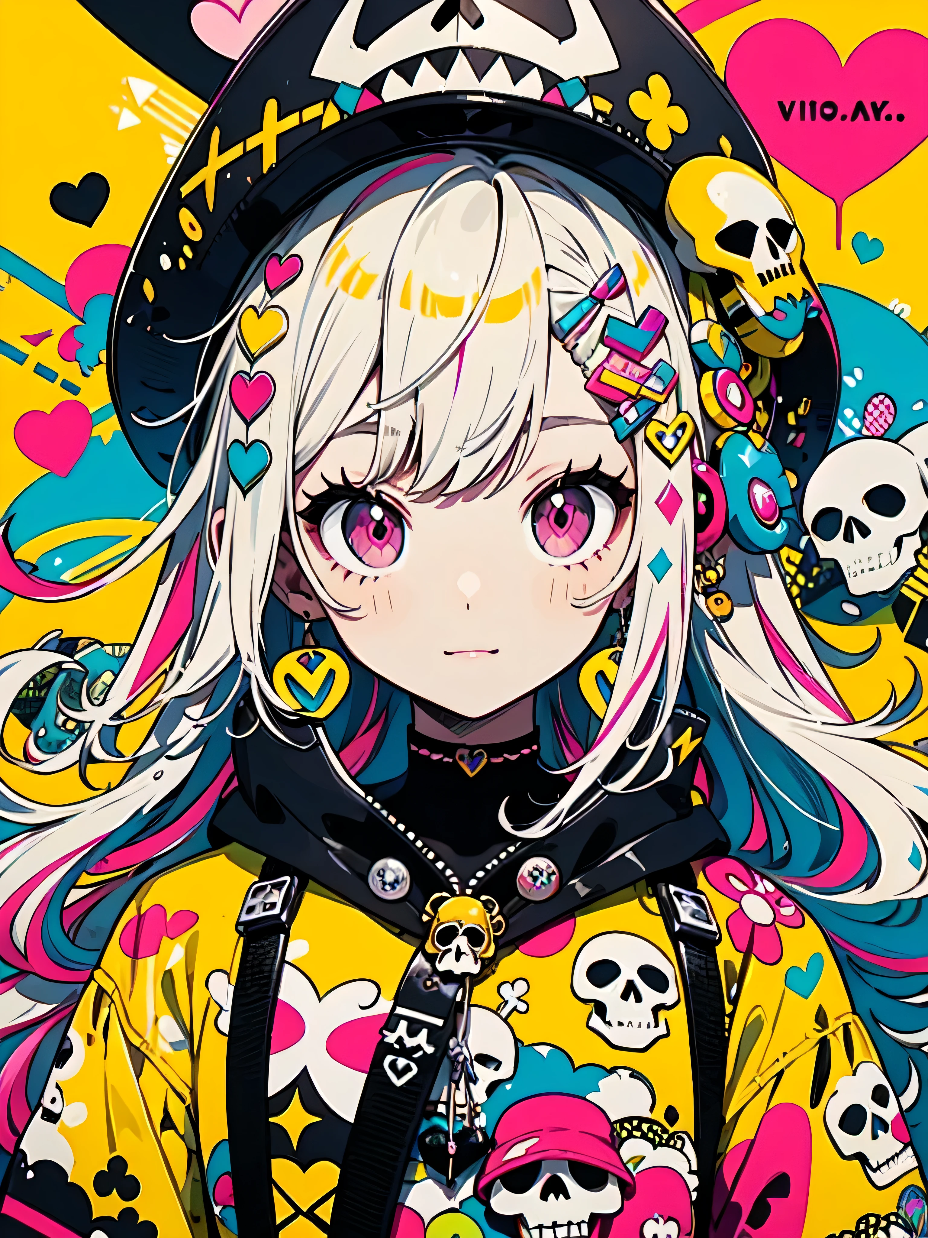 Estilo Takashi Murakami、"bonitinho, lindo, Adorable girl wearing pink clothes, amarelo, e esquema de cores roxo e amarelo. She is wearing a costume with a SKULL motif inspired by a female pirate..。.。.。.... stylish hat, pedra、Comes with decorative accessories, como grampos de cabelo. Incorporando o estilo de moda vibrante e moderno de Harajuku。."
