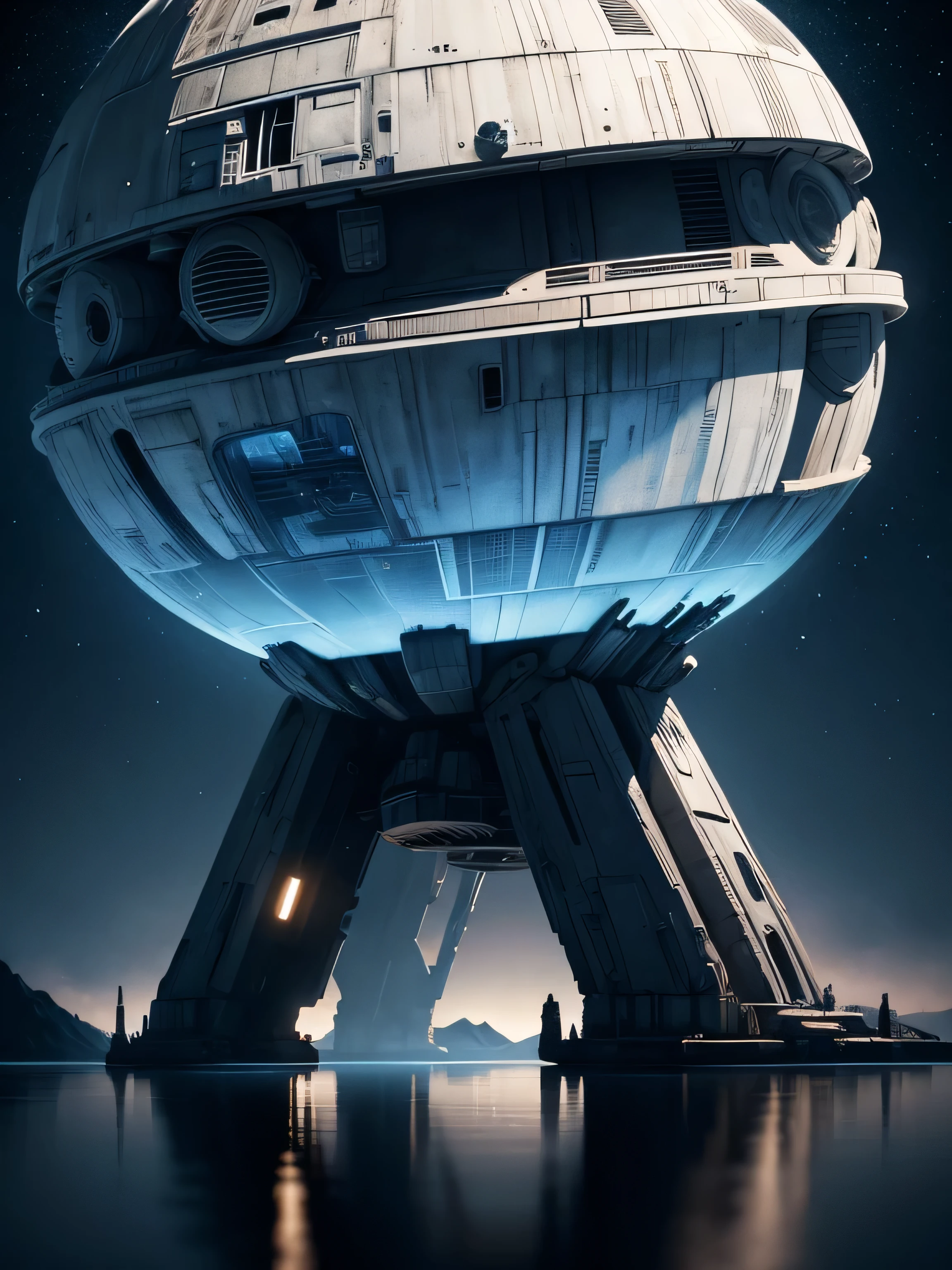 alien structure, based on the death star, star wars, ultra-detailed structure, 10 meters above a huge lake, moonlit night scene, blue cinematographic lighting, science fiction. ultra-detailed complex scene, masterpiece, maximum quality, 8k, ray tracing, reflections and shadows,