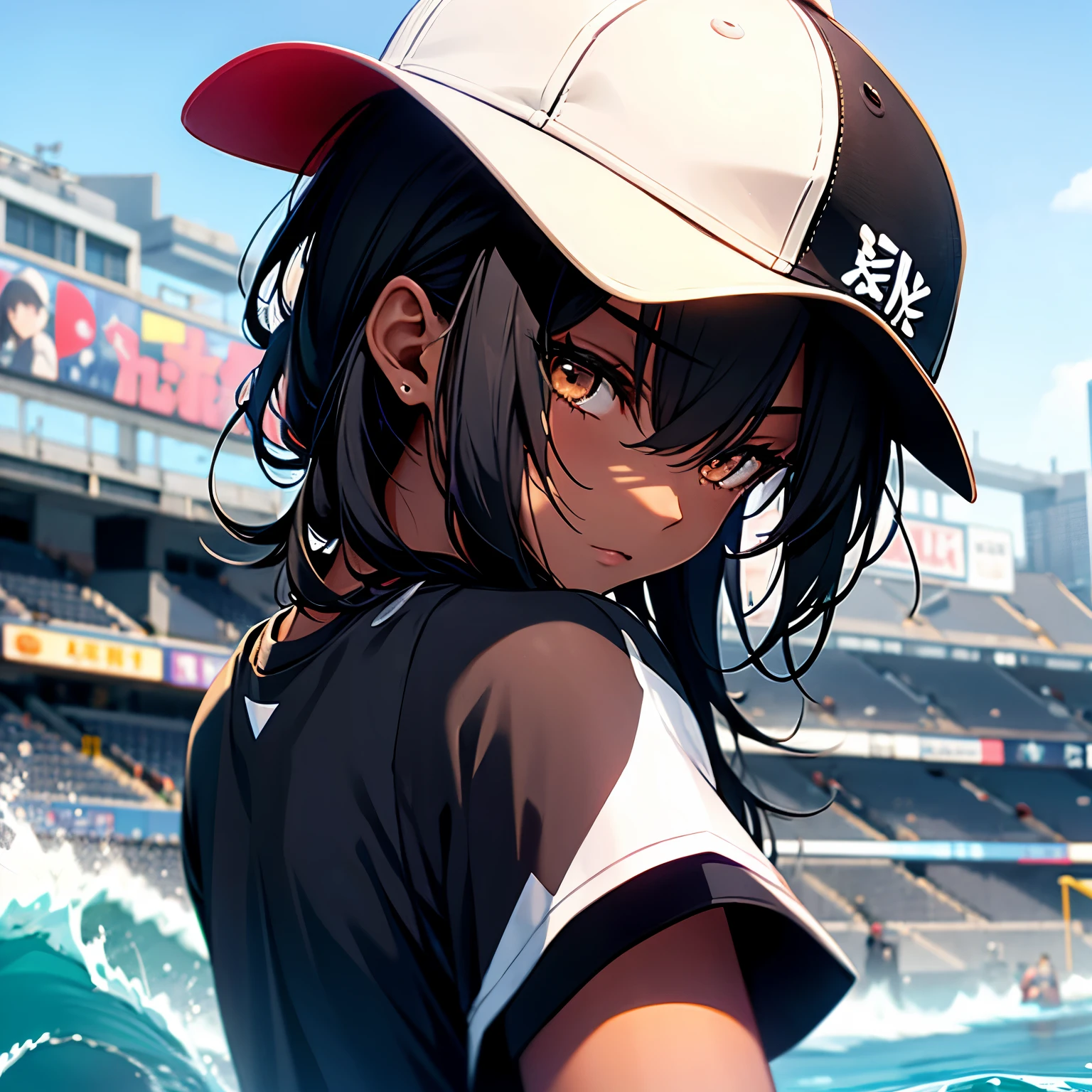 1 girl, alone, black skin, 浅black skinの女性, Upper body, baseball cap, T-shirt, tomboy