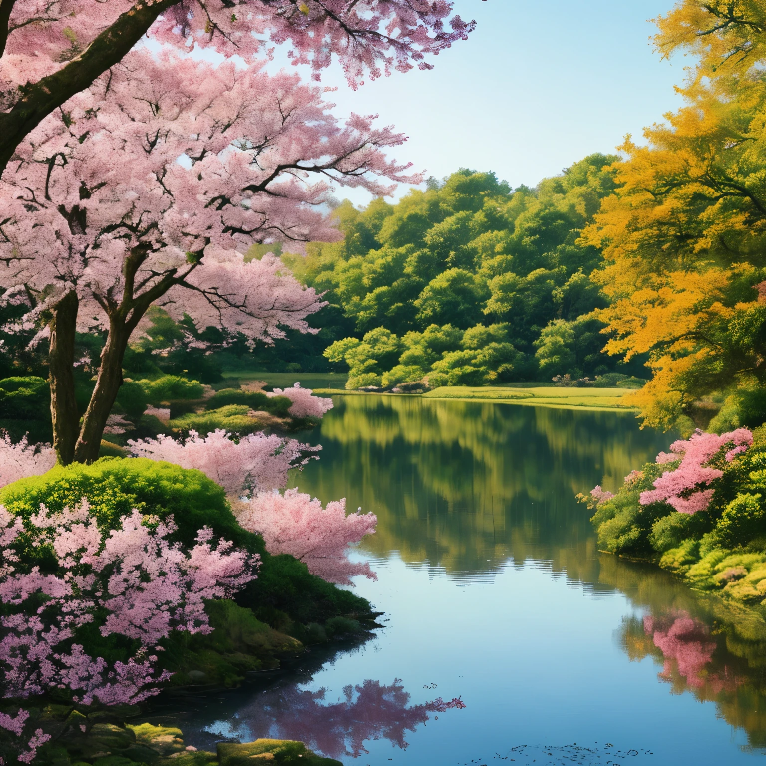 A towering, lush tree adorned with vibrant pink and yellow blossoms graces the tranquil landscape. The gentle wind causes the leaves to tremble, producing rippling effects on the serene lake nearby. Sunbeams pierce through the verdant canopy, infusing the scenery with an otherworldly allure. (masterpiece: 1.8, best quality) (extremely detailed CG unity 8k wallpaper, scenery art, ethereal, filigree, intricate details) (dramatic play of sunlight and shadows) (trending on artstation, CGsociety) (beautiful floral aesthetics,