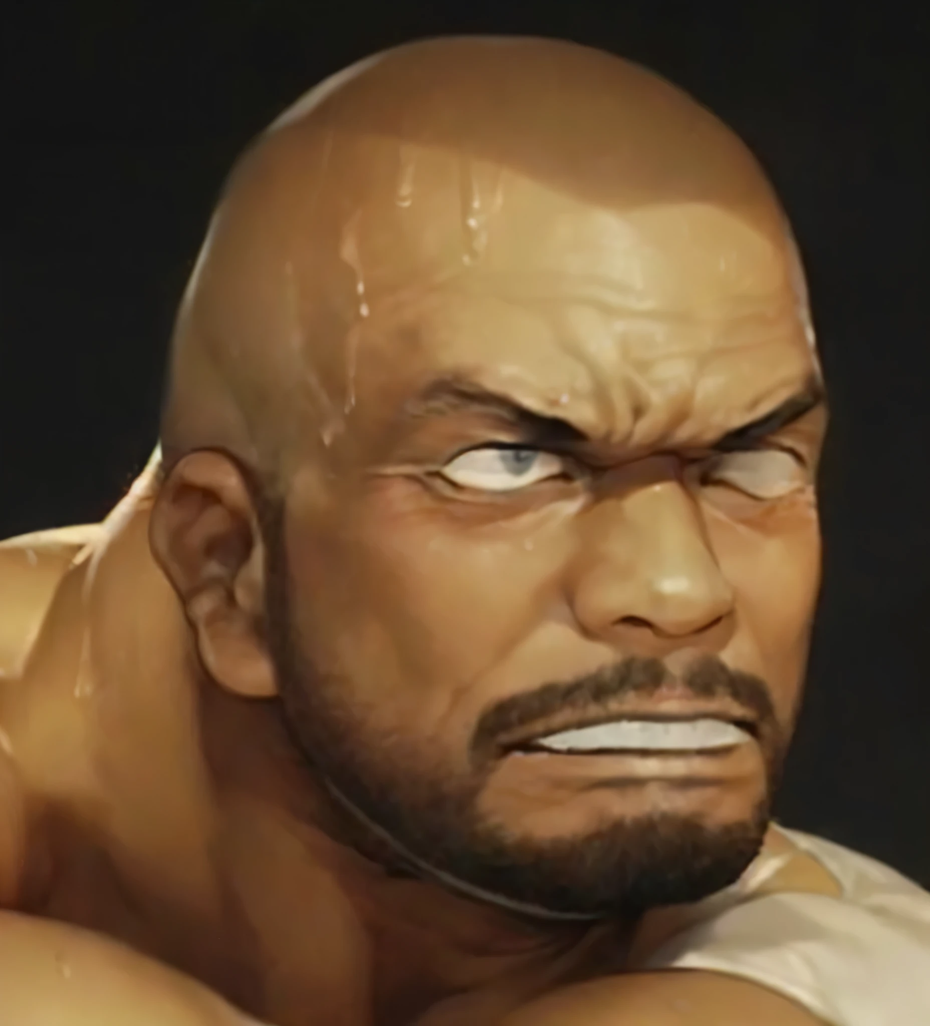 Upper body naked,黒帯を締めた口髭のある40歳の日本人のUpper body nakedの空手家,A fierce look,Expression distorted in pain,Open the chest,drooling, Pathological look,Skinhead,shirtless