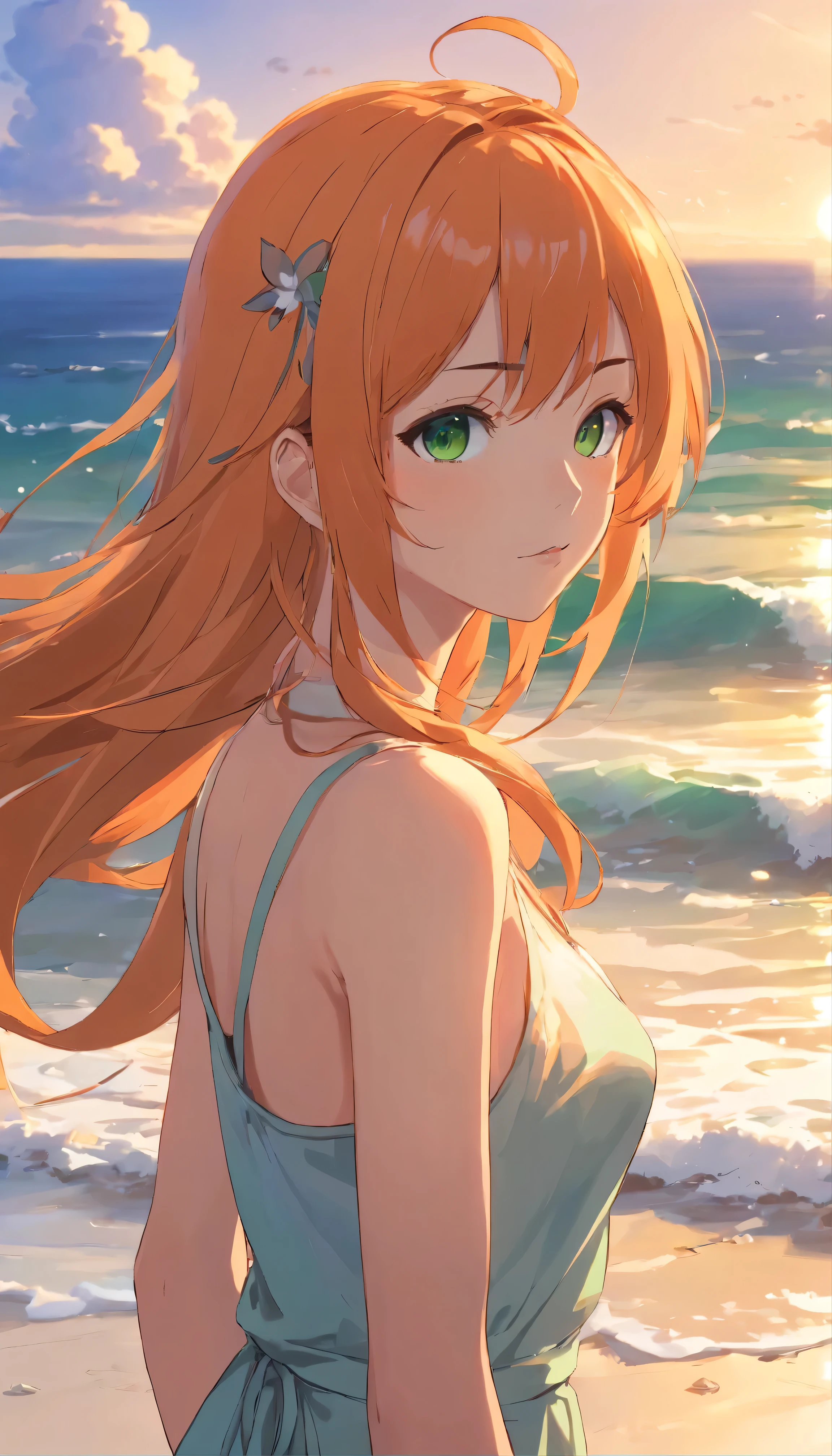 anime girl with long orange hair standing on beach near ocean, green eyes detailed digital anime art, anime girl with long hair, smooth anime cg art, anime girl with long hair, digital anime art, artwork in the style of guweiz, beautiful anime portrait, photorealistic anime girl render, beautiful anime girl, advanced digital anime art, guweiz on artstation pixiv upscale HD UHD HQ
