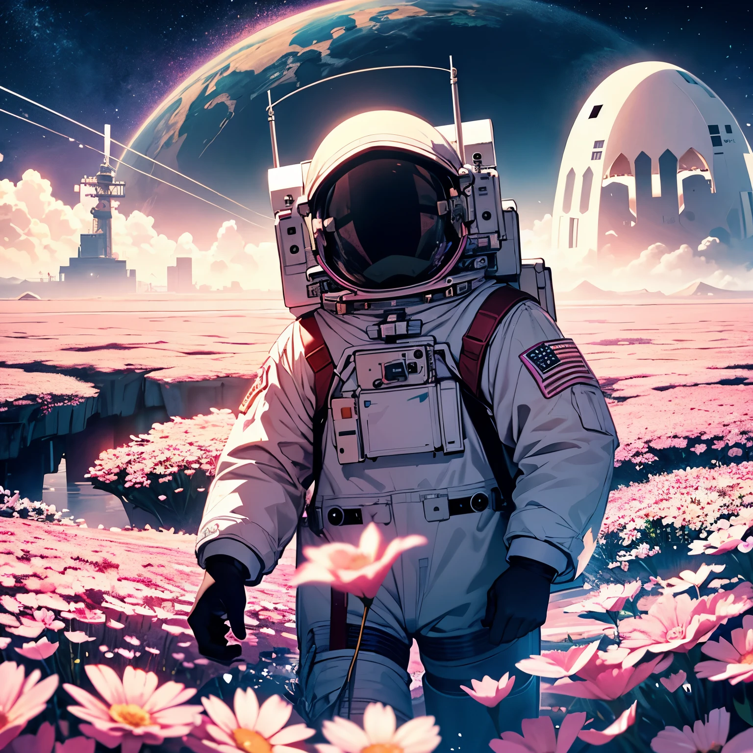 He astronaut walks through a sea of flowers dotted with pink clouds,lonely astronaut,Astronauts can't leave this planet,Astronaut lost in infinite space.