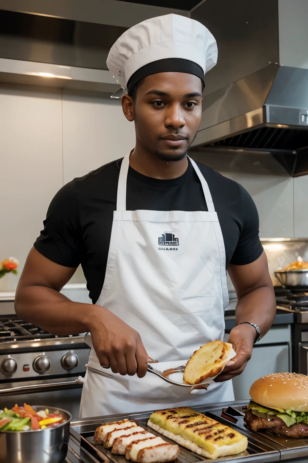 A professional chef with dark skin wearing a pristine white uniform, including a chef's hat and apron, is cooking burgers on a stainless steel professional grill. The scene unfolds in a brightly lit, modern, and clean kitchen. The chef focuses on flipping the burgers with a spatula, with gentle flames rising from the grill, adding a dramatic effect to the cooking action. Beside the grill, there's a plate with burger buns, fresh lettuce, tomato slices, cheese, and condiments ready to assemble the burgers once they are cooked. The atmosphere conveys efficiency and a passion for cooking, emphasizing the preparation of delicious food high quality DSLR photograph --ar 2:3 --style raw --stylize 750