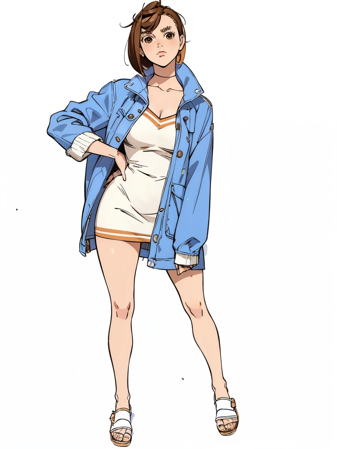 a drawing of a woman in a short dress and jacket, anime full body illustration, full body illustration, single character full body, momo ayase, short hair, brown hair, (brown eyes:1.5), bangs, thick eyebrows, open toes sandals, white sandals