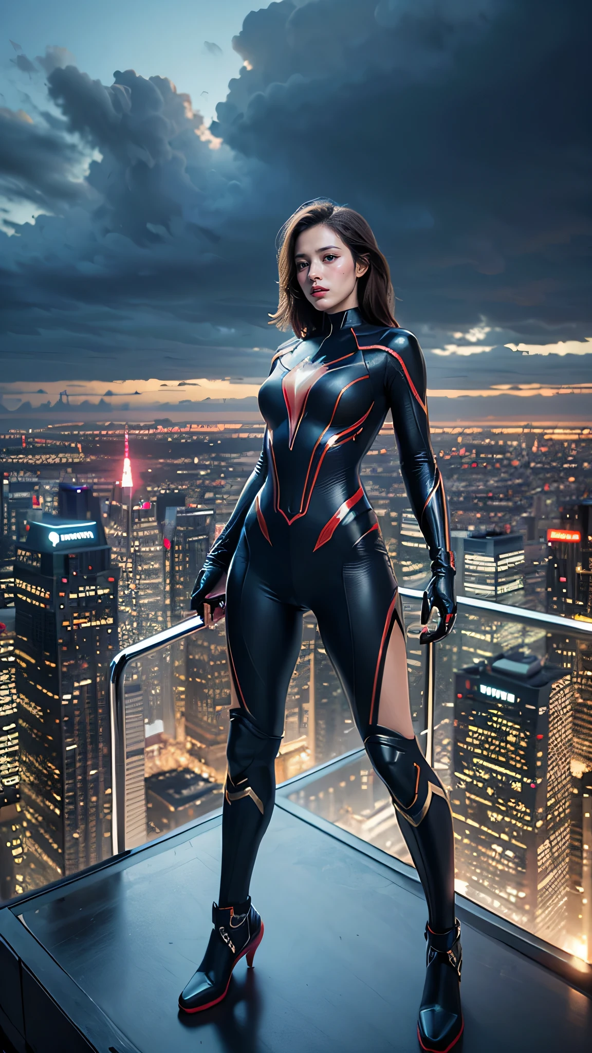 (best quality,4k,8k,highres,masterpiece:1.2),ultra-detailed,(realistic,photorealistic,photo-realistic:1.37),spiderwoman,standing on a skyscraper,sci-fi,spider-like suit,beautiful detailed eyes,beautiful detailed lips,hair flowing in the wind,future cityscape,night scene,vibrant colors,dramatic lighting,shiny metallic textures,curved buildings,hovering transport vehicles,impressive skyline,city lights reflecting on the suit,superhero pose,confident expression,graceful stance,cool and sleek design,striking silhouette,stormy clouds,technology infused atmosphere,high-tech gadgets,dynamic composition,otherworldly atmosphere,gravity-defying action,immersive experience,adventure beckoning,unforgettable impression.