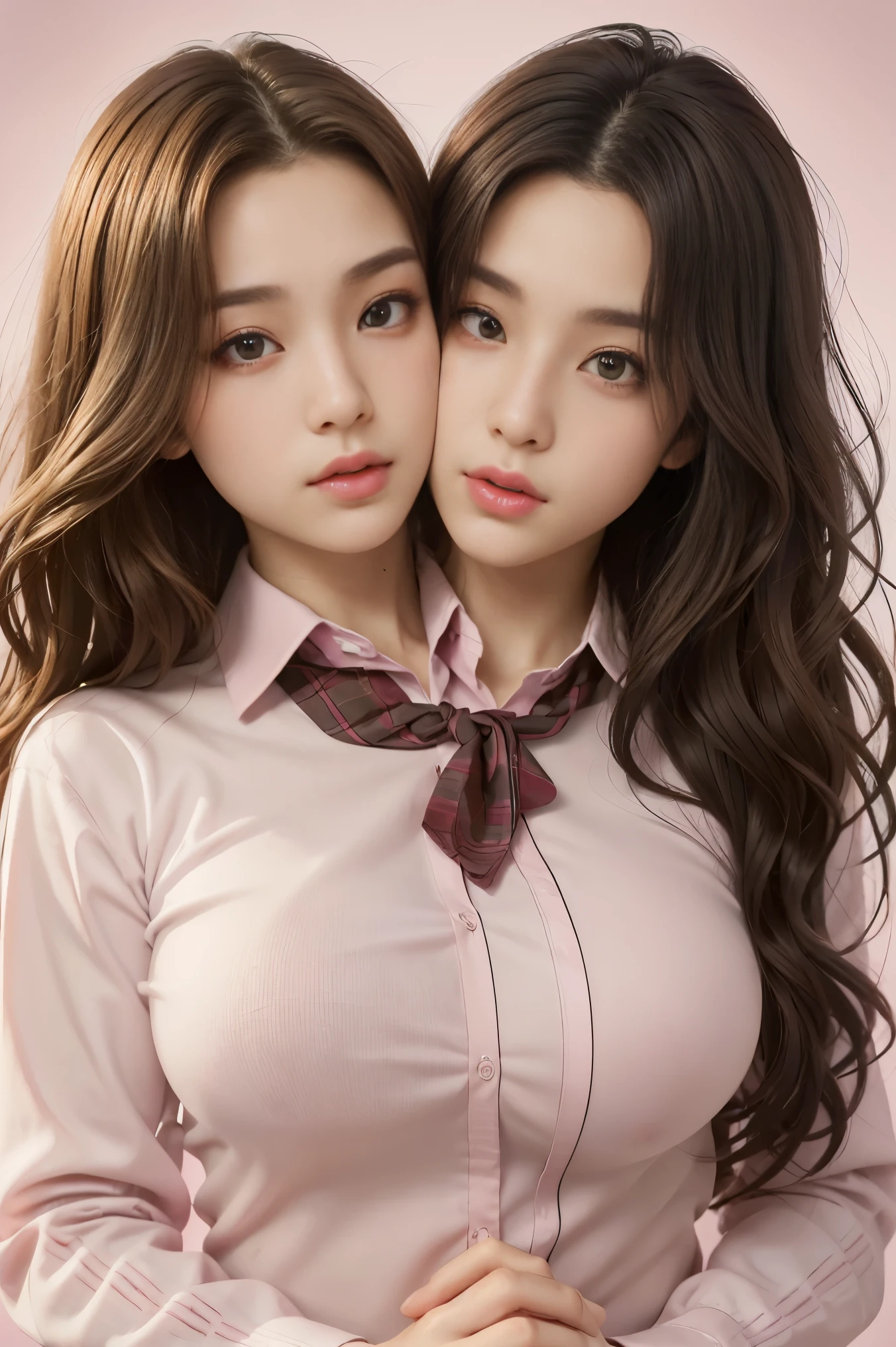 (1 girl:1.3), break, half body shot, Japanese, 17 year old supermodel, Chubby body type, plump, high school girl, (from side), (highest quality:1.4), 32K resolution, (realistic:1.5), (Super realistic:1.5), High resolution 32k UHD, (masterpiece:1.2)), (Improvement of quality:1.4), (very beautiful facial details), (highest qualityのリアルな質感の肌:1.4), (perfect anatomy:1.2), (Are standing:1.37), break, arms up, (((school uniform, patterned ribbon tie, pink collared long sleeve shirt:1.15))), red plaid pleated skirt,  break, Does not emphasize the bust top, ((In the classroom:1.15)), precise fingers, Super detailed, symmetrical eyes, view audience,natural makeup, ((A good eye for quality:1.2)), (tired, sleepy and satisfied:0.0), (fine lips:1.33), (fine nose:1.2), ((Physically based rendering of the background:1.37)), curvy:1.2, large breasts), (heavy chest:1.1, plump lower body), brown hair, (wavy hair:1.37), Anxious face, Gentle light hits your face and body, epic and emotional movie lighting conjoined_dicephalus, (two heads:1.3)