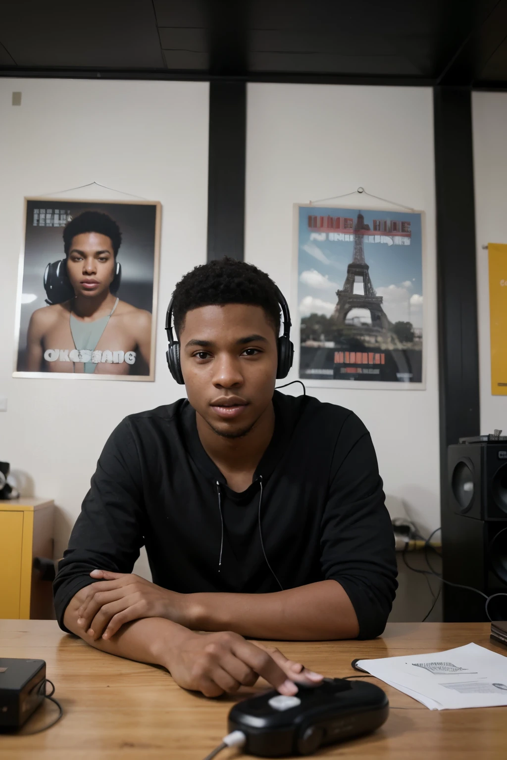 gere uma imagem em forma de cartoon, a young black man in front of a computer with headphones and microphone, the room is humble and on the wall there are several posters with pictures of money, drogas, torre eifel.