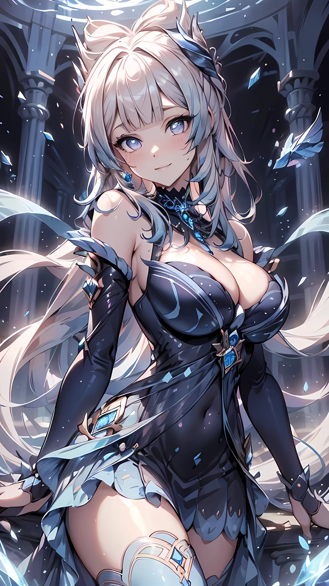 (masterpiece), best quality, expressive eyes, perfect face,((1girl)),(((mature woman))),(dark blue and light blue intricate elegant dress:1.5)),(big breasts:1.4),(sparkles:0.9),(glitters:0.9),crystal amulet, underwater,long hair,wavy hair,cleavage,looking at viewer,light smile, eyeshadows, eye liner,glistening eyes, hyper detailed eyes, intricate eyes, beautiful eye, ((glowing blue pupils))、standing,head tilt,standing on one leg,sexy pose,smiles,(female focus),dynamic angle