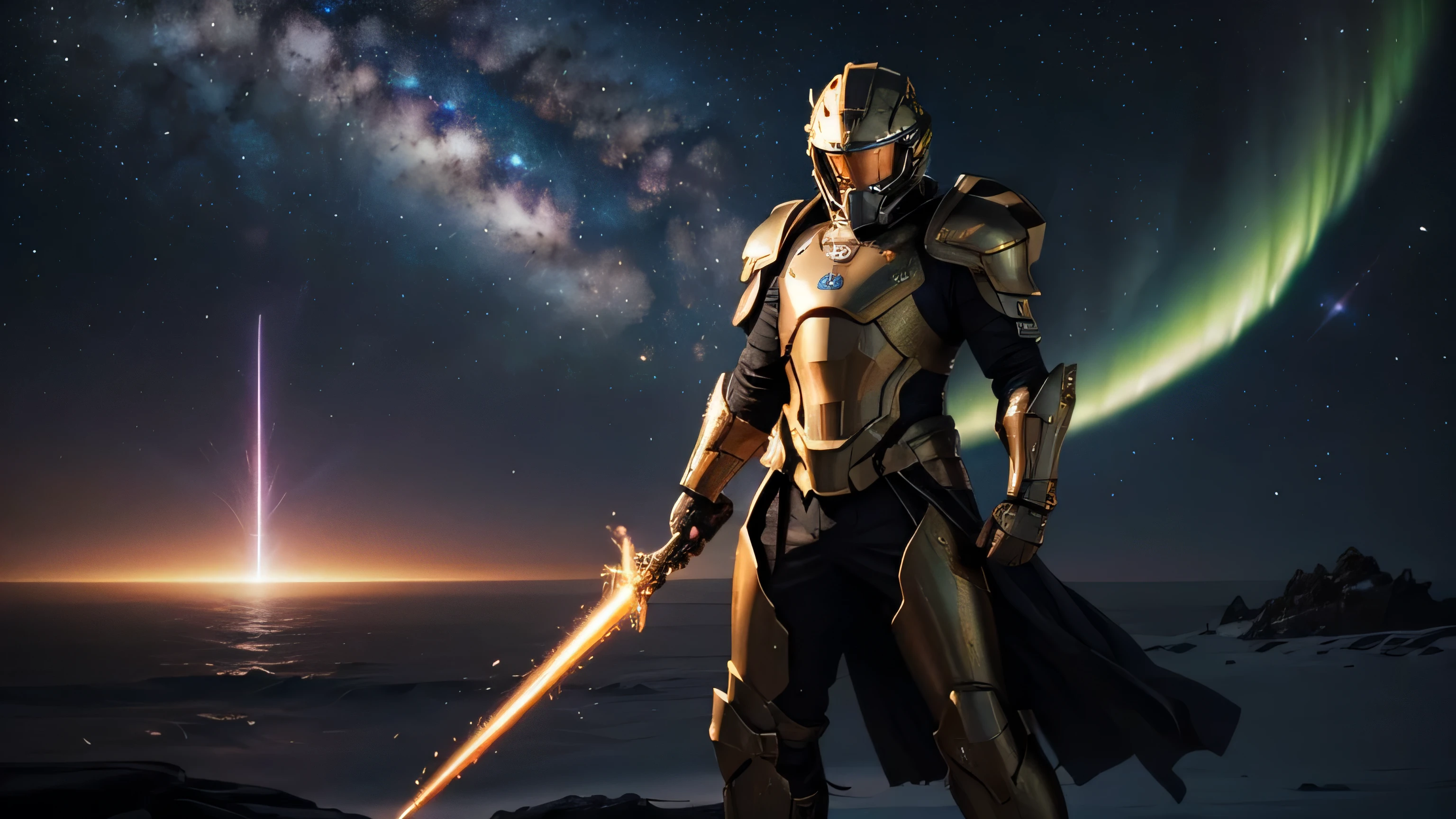 (best quality,4k,8k,highres,masterpiece:1.2),ultra-detailed,(realistic,photorealistic,photo-realistic:1.37),space knight,armor,visored helmet,metallic suit,fluid movements,noble posture,aurora borealis background,galaxy nebulae,cosmic dust particles,powerful energy sword,hovering in the air,ethereal glow,intergalactic battle,starship wreckage,divine warrior,dominant presence,otherworldly,stellar explosions,crackling energy,heroic,piercing eyes,powerful stance,dark matter,celestial armor,star-filled sky,cosmic energy, intense heat waves,dynamic composition,breathtaking scale,fiery sparks,celestial powers,vibrant colors,commanding,protection of the universe,magical,stellar winds,mythical warrior,legendary being,transcendent