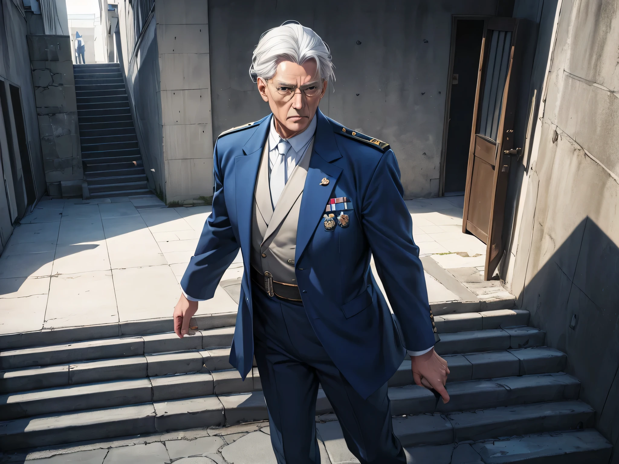 super fine illustration, Ultra high resolution, artwork, Highest quality, Perfect Lighting, Specific lighting, dramatic shadow, ray tracing, tall man, old man, 60 years old, strong, Japanese features, (short, straight, white hair) dressed in a simple blue military outfit, lieutenant rank, climbing a cement staircase, confident expression, white background, image from top to bottom (masterpiece)