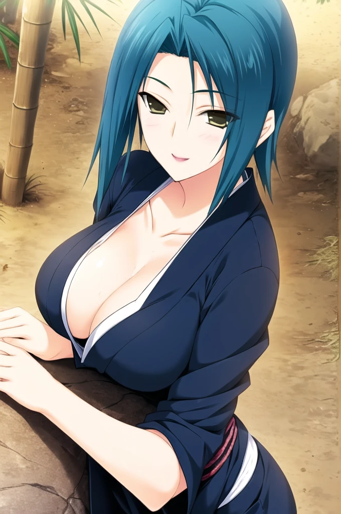 Lovely x Cation The Animation/《LOVELY×CATION》-Sera Kurokawa(Sera Kurokawa), masterpiece, best quality, a mature sexy woman in shine red yukata posing in front of bamboo rails, 1girl, solo, japanese clothes, yukata, tied-up hairstyle, floral hair ornament, smile,