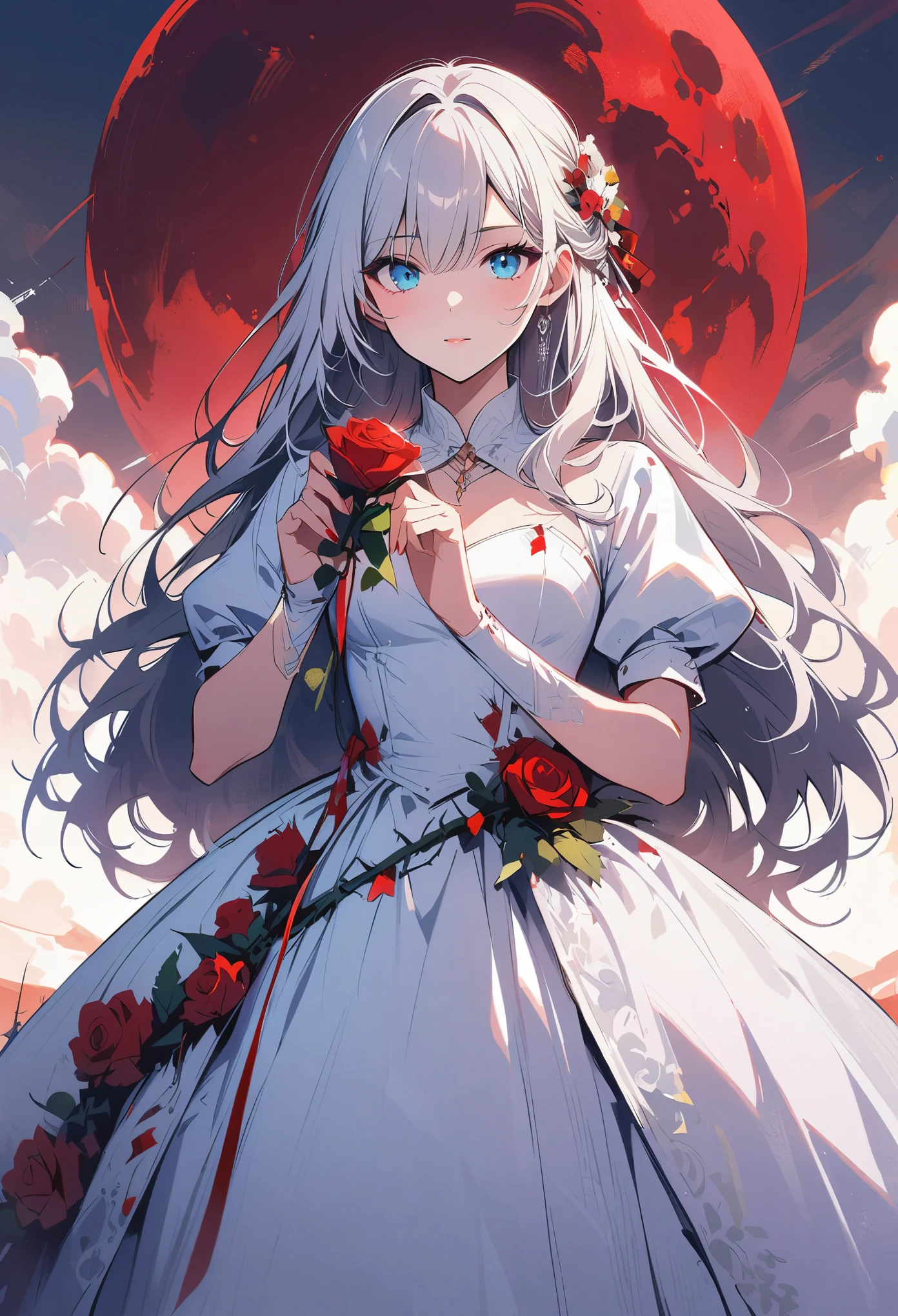 pure white hair，long hair，girl，sky blue eyes，（blood red moon：10），wearing white clothes，Wedding dress，bride，There are thorns on clothes，（Wearing red roses：5），（holding knife in hand:5），Front view