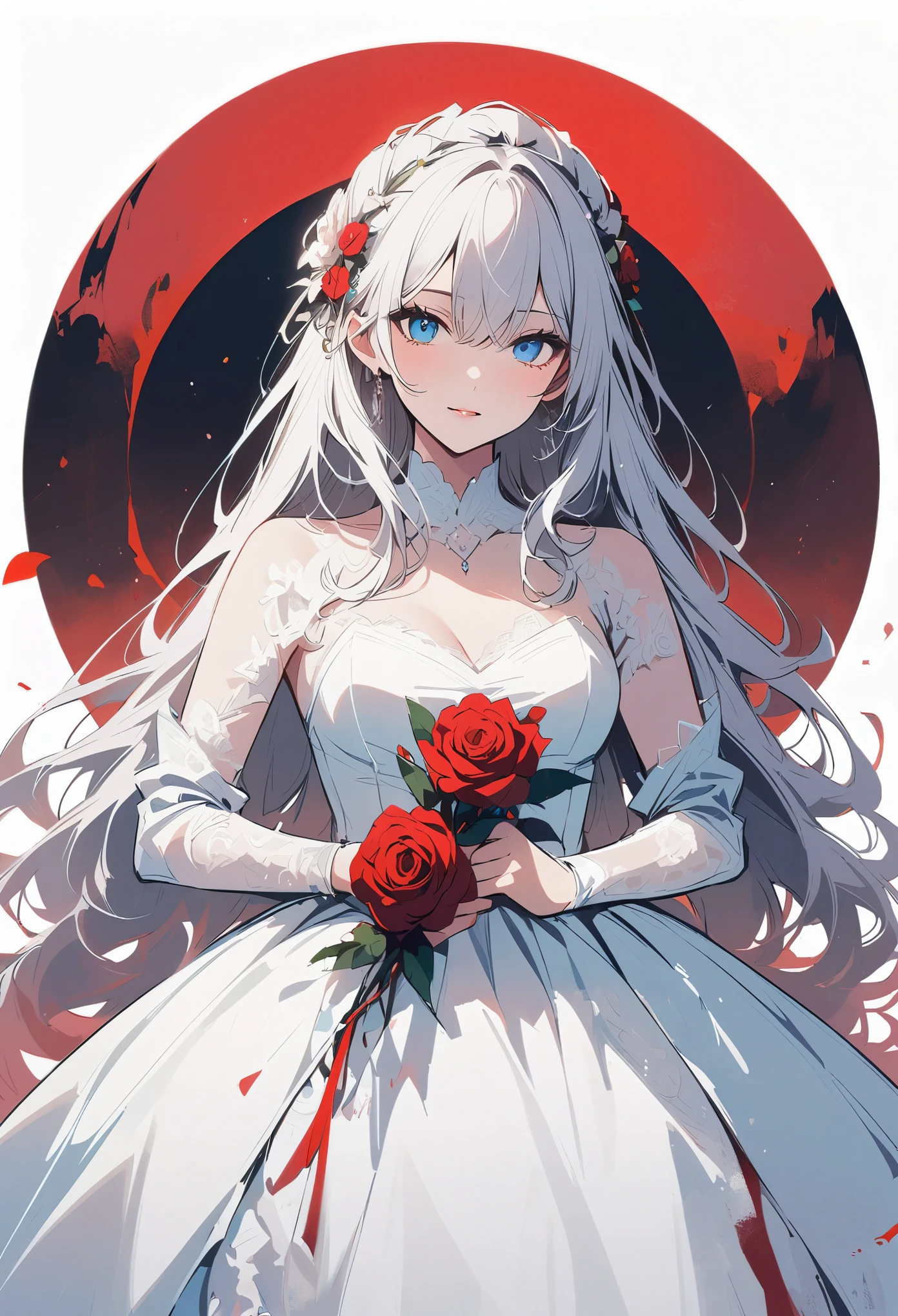 pure white hair，long hair，girl，sky blue eyes，（blood red moon：10），wearing white clothes，Wedding dress，bride，There are thorns on clothes，（Wearing red roses：5），（holding knife in hand:5），Front view