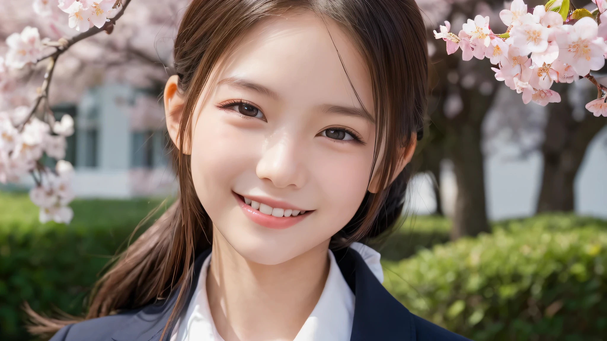 1girl, (14yo), (The face of a princess, classy and dignified:1.2), (Best Quality:1.4), (Ultra-detailed), (extremely detailed beautiful face), Amazing face and eyes, (ponytail), cute smile, brown eyes, (highly detailed Beautiful face), (high school uniform:1.2), (extremely detailed CG unified 8k wallpaper), Highly detailed, High-definition raw color photos, Professional Photography, Realistic portrait, evening, Extremely high resolution, smiling, cherry blossoms, School, schoolyard, 