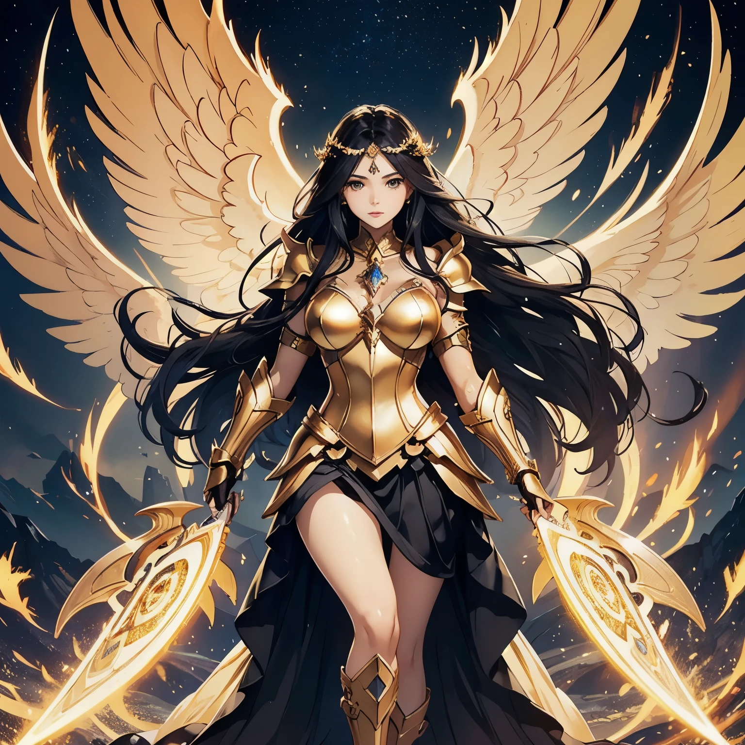 best quality, extremely beautiful, beautiful face, angel woman, huge golden wing, revealing armor with open front skirt, very long dark hair