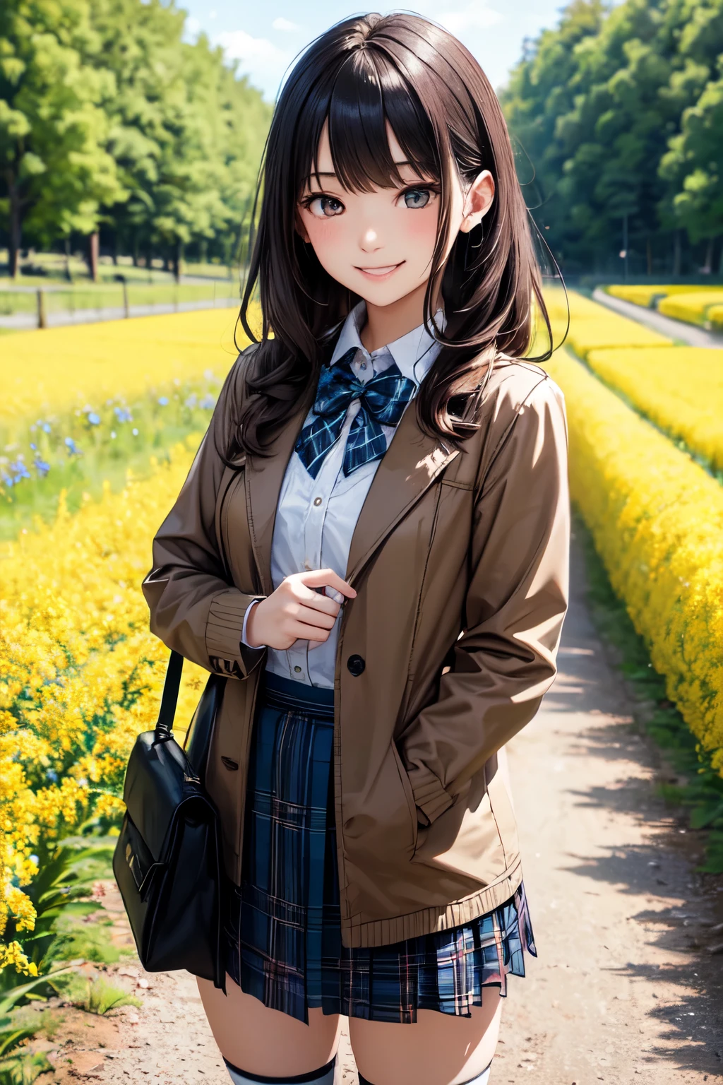very cute and beautiful girl,,(highly detailed beautiful face),(smile),happy,cowboy shot,
(brown jacket:1.12),collared shirt,plaid bowtie BREAK detailed legs,zettai ryouiki,brown shoulder bag,
stylish pose,hair pin,black hair,(blue plaid mini skirt:1.2),countryside,small pathway between canola flower fields,sakura trees,
(best quality,masterpiece:1.0),absurdres,highres,ultra-detailed,extremely detailed,32k,8k resolution,
intricate details,cinematic scene,detailed background,solo,dynamic angle,
beautiful detailed sky,