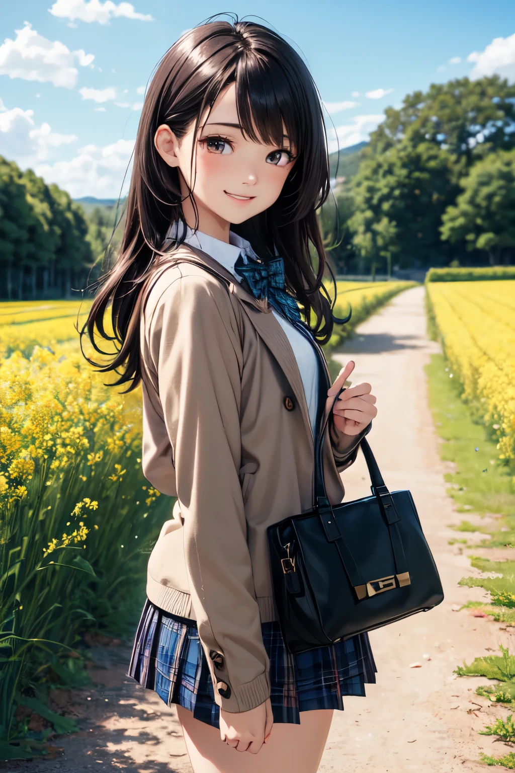 very cute and beautiful girl,(highly detailed beautiful face),(smile),happy,cowboy shot,
(brown jacket:1.12),collared shirt,plaid bowtie BREAK detailed legs,zettai ryouiki,brown shoulder bag,
stylish pose,hair pin,black hair,(blue plaid mini skirt:1.2),countryside,small pathway between canola flower fields,sakura trees,
(best quality,masterpiece:1.0),absurdres,highres,ultra-detailed,extremely detailed,32k,8k resolution,
intricate details,cinematic scene,detailed background,solo,dynamic angle,
beautiful detailed sky,