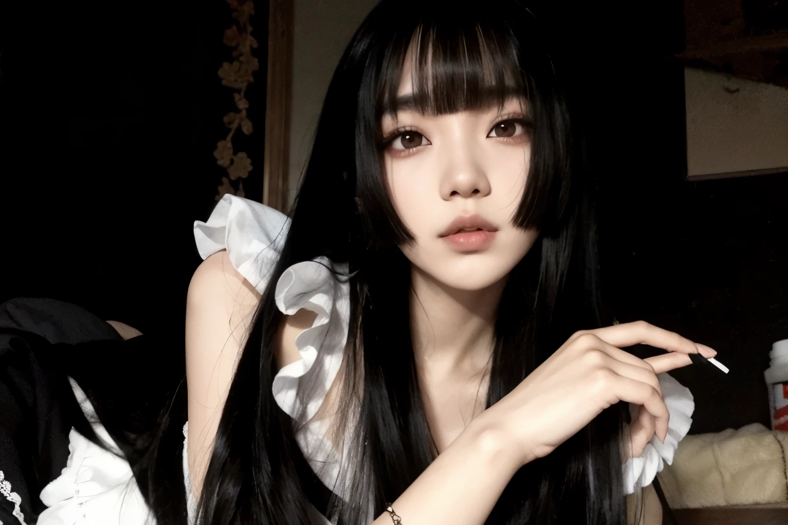 devastated Asian woman with long black hair and white shirt, cruel korean goth girl, corte de cabelo preto hime, Ulzzang, ela tem cabelo preto com franja, cabelo preto longo com franja, penteado com corte hime branco, cabelo longo e escuro com franja, cabelo preto com franja, franja brancacabelo preto, cabelo preto e franja branca, sui ishida com cabelo preto