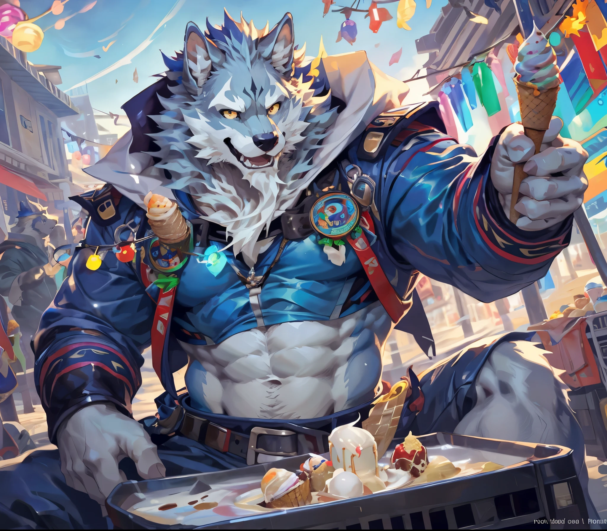 masterpiece,high quality,anime,detailed eyes,Furry male grey Wolf, Law, Great physique,strong arms manly, in the Van, selling ice cream, offering ice cream, Day sky, Loudspeaker, seller suit, happy, (Colorful Spark), Shimmering lights, by null-ghost,by pino daeni