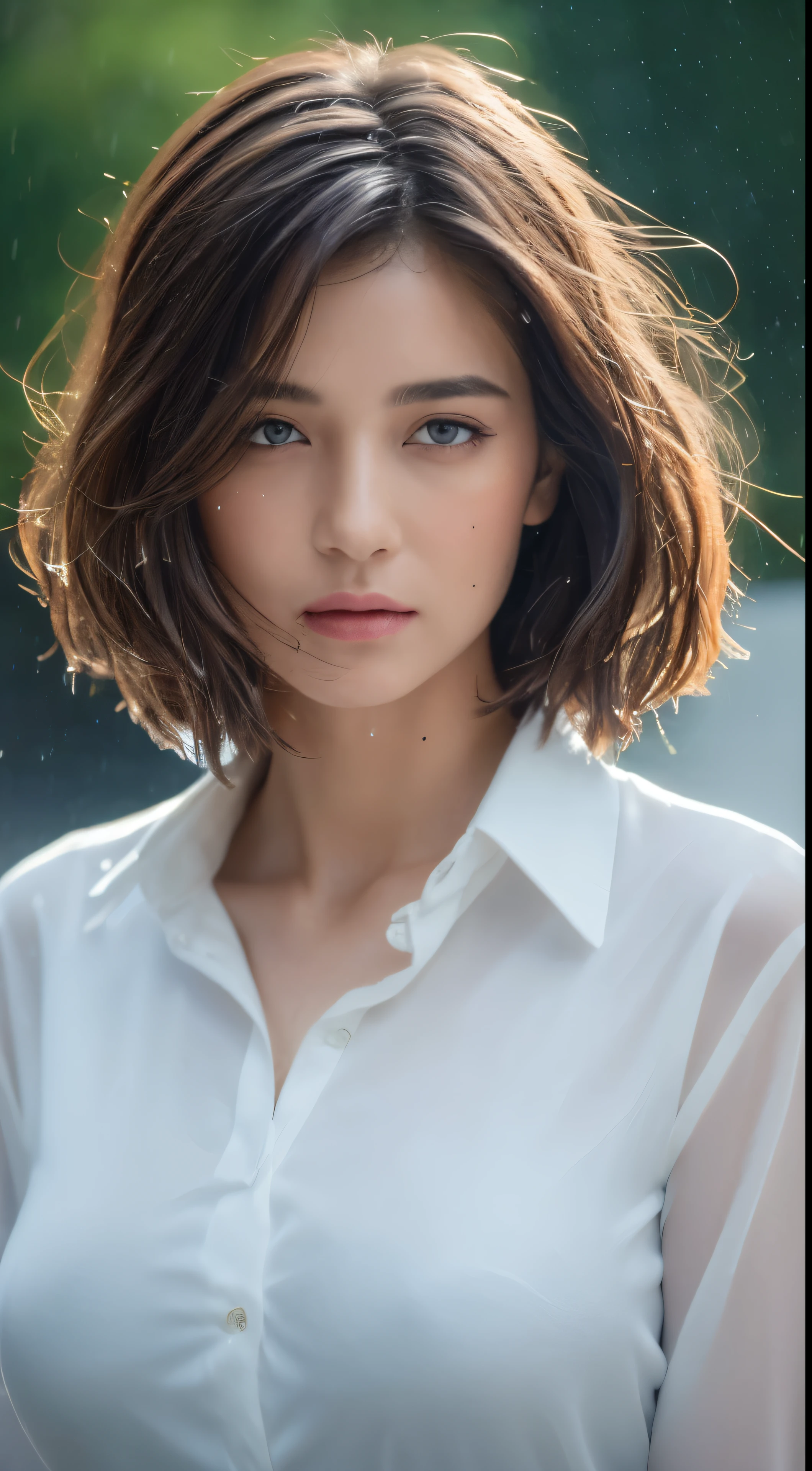 ((Best Quality, 8K, Masterpiece: 1.3)), Sharp: 1.2, Perfect Body Beauty: 1.4, Slim Abs: 1.2, ((Layered Hairstyle, Big Breasts: 1.2)), (Wet White Button Long Shirt: 1.1), (Rain, Street: 1.2), Wet: 1.5, Highly detailed face and skin texture, detailed eyes, double eyelids, side face looking at the camera