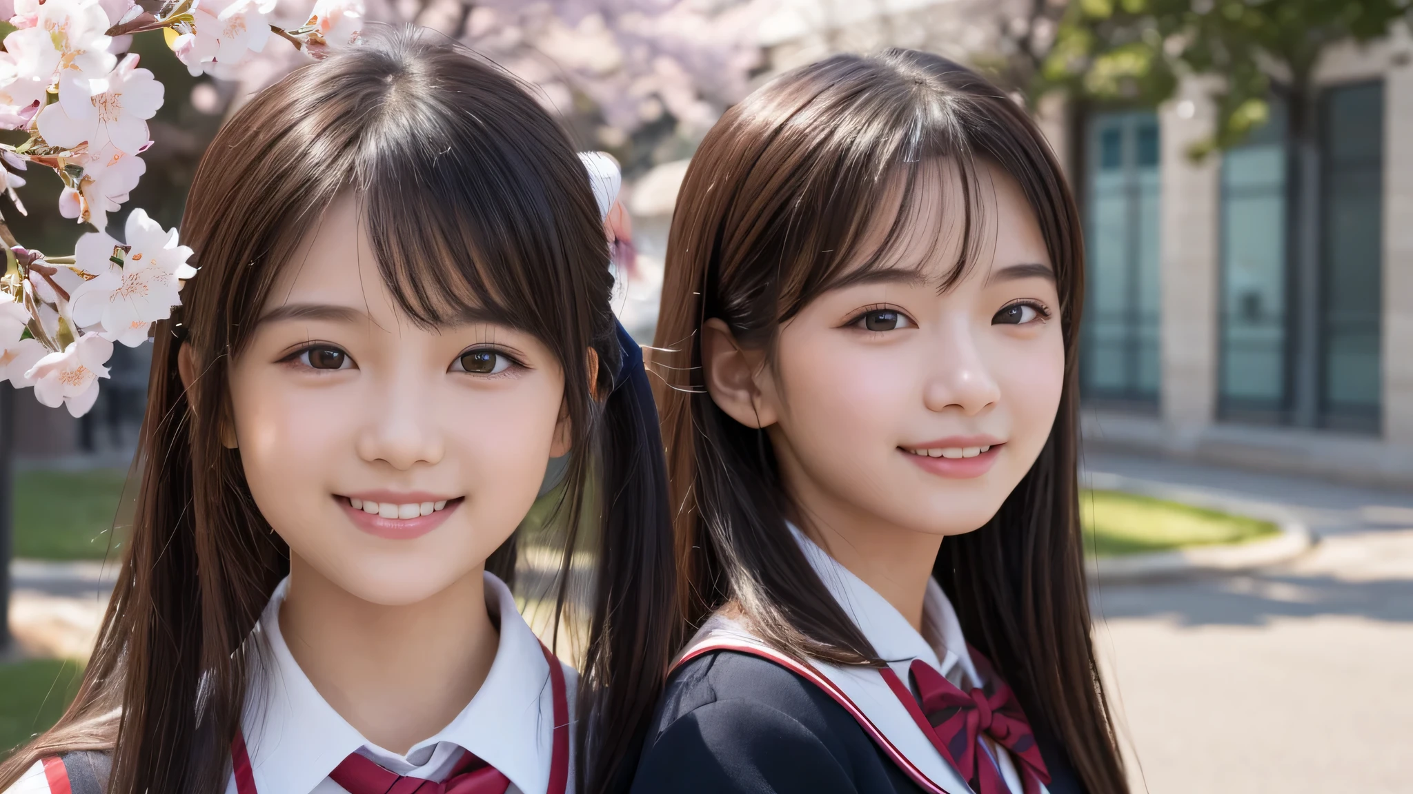 (1little girl:1.4), (15yo), (young face:1.2), (Best Quality:1.4), (Ultra-detailed), (extremely detailed beautiful face), Amazing face and eyes, (ponytail), cute smile, brown eyes, (highly detailed Beautiful face), (high school uniform:1.2), (extremely detailed CG unified 8k wallpaper), Highly detailed, High-definition raw color photos, Professional Photography, Realistic portrait, evening, Extremely high resolution, smiling, cherry blossoms, School, schoolyard,