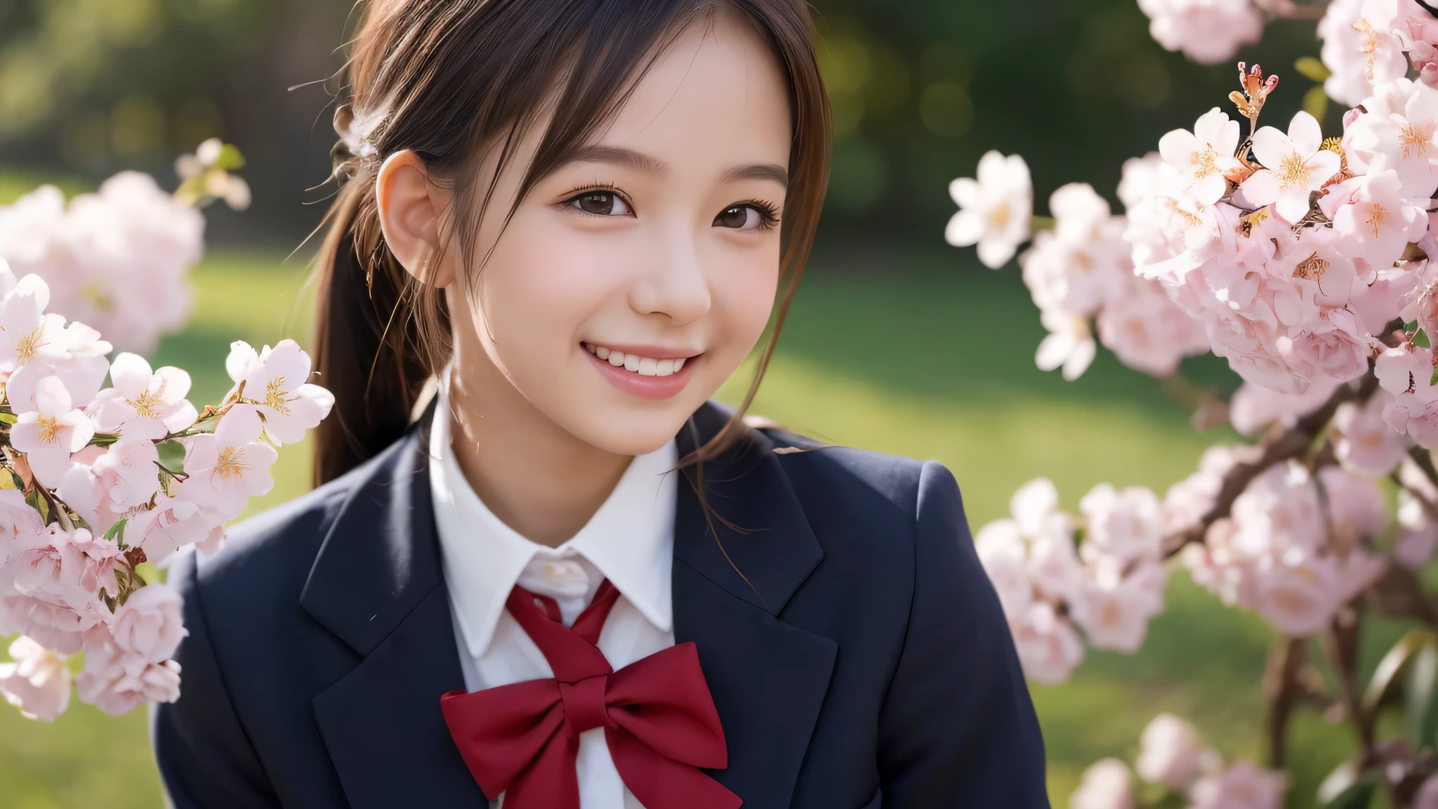 (1little girl:1.4), (15yo), (young face:1.2), (Best Quality:1.4), (Ultra-detailed), (extremely detailed beautiful face), Amazing face and eyes, (ponytail), cute smile, brown eyes, (highly detailed Beautiful face), (high school uniform:1.2), (extremely detailed CG unified 8k wallpaper), Highly detailed, High-definition raw color photos, Professional Photography, Realistic portrait, evening, Extremely high resolution, smiling, cherry blossoms, School, schoolyard, 