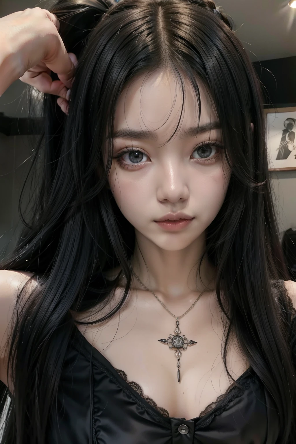 there is a woman with long black hair wearing a black corset, cruel korean goth girl,  coreana, com cabelos longos e olhos penetrantes, ela tem cabelo preto com franja, Ulzzang, deusa japonesa, lalisa manobal, kanliu666, linda mulher sul-coreana,  Asian, 1 7  goth girl, Shikamimi
