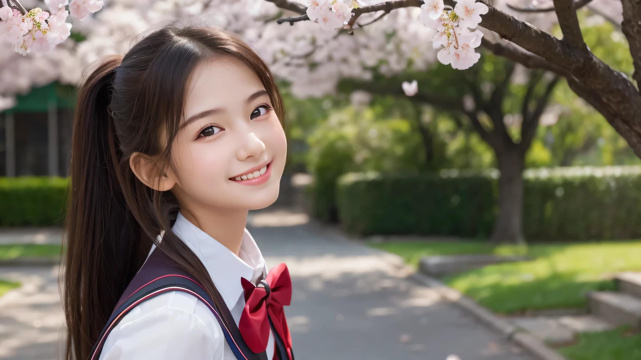 (1little girl:1.4), (yo), (young face:1.2), (Best Quality:1.4), (Ultra-detailed), (extremely detailed beautiful face), Amazing face and eyes, (ponytail), cute smile, brown eyes, (highly detailed Beautiful face), (high school uniform:1.2), (extremely detailed CG unified 8k wallpaper), Highly detailed, High-definition raw color photos, Professional Photography, Realistic portrait, evening, Extremely high resolution, smiling, cherry blossoms, School, schoolyard, 