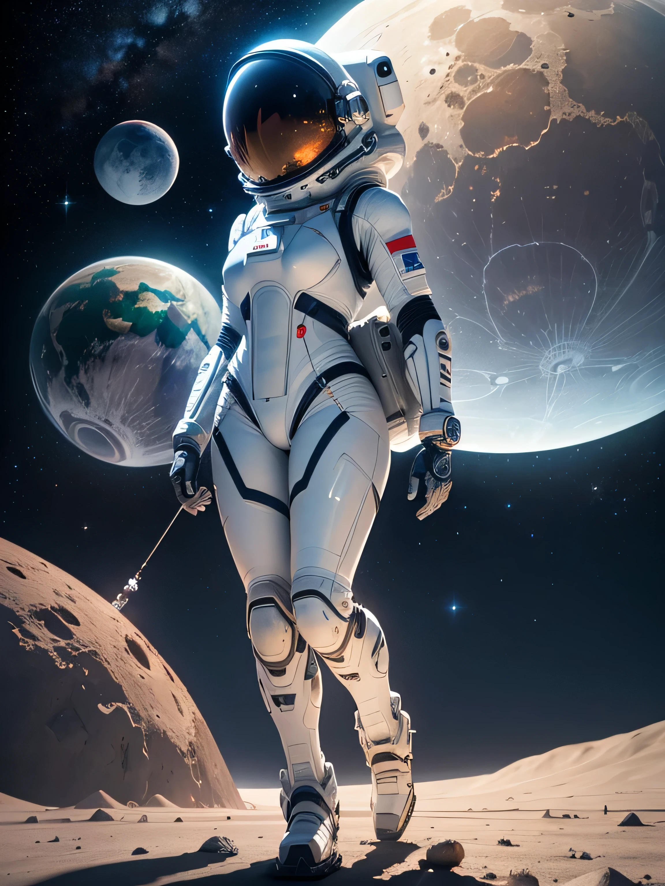 spacewoman with an ultra-detailed space suit, accompanied by a high-tech futuristic robot dog, walking on the lunar surface, in the background you can see the planet Earth, ultra-detailed complex scene, low-light night scene, blue cinematographic lighting, masterpiece, highest quality , 8k, ray tracing, reflections and shadows